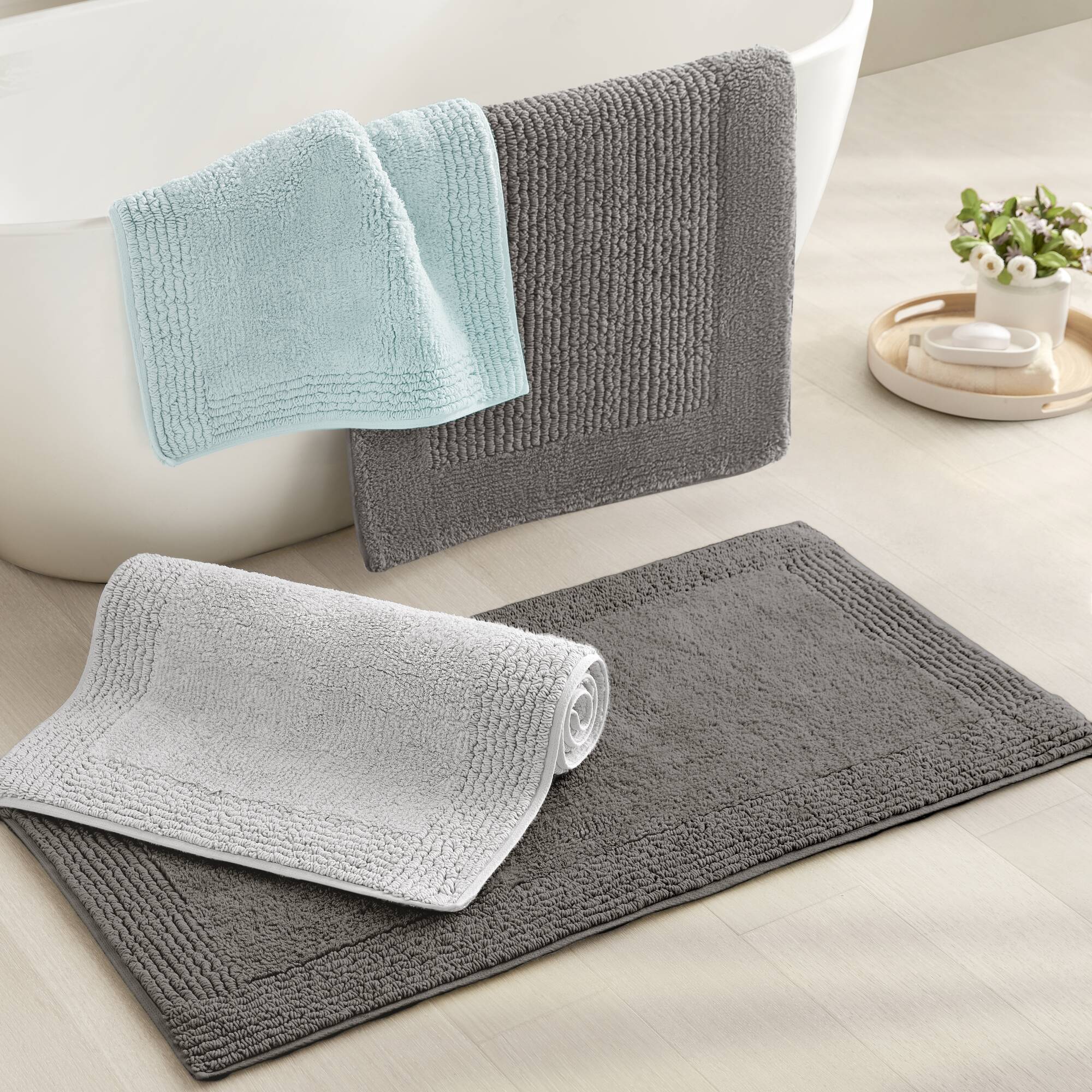 Rainlex 20" x 30" Reversible Cotton Bath Rug, Gray