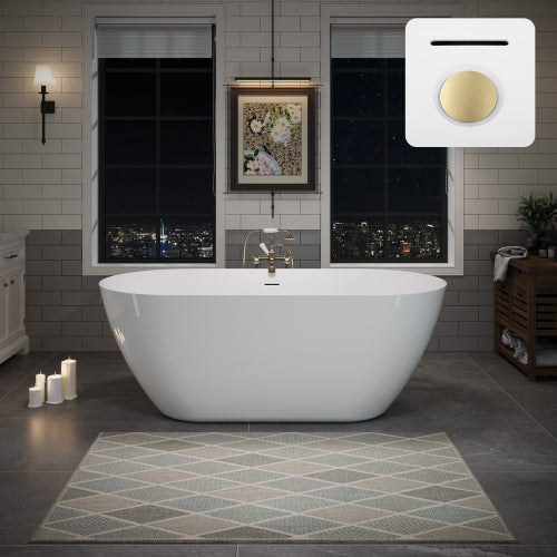 60" Acrylic Freestanding Bathtub, Oval Deep Soaking Contemporary Stand Alone Bath Tub with Pop-up Drain & Integrated Overflow, Brushed Nickel-Finish Drain Cover