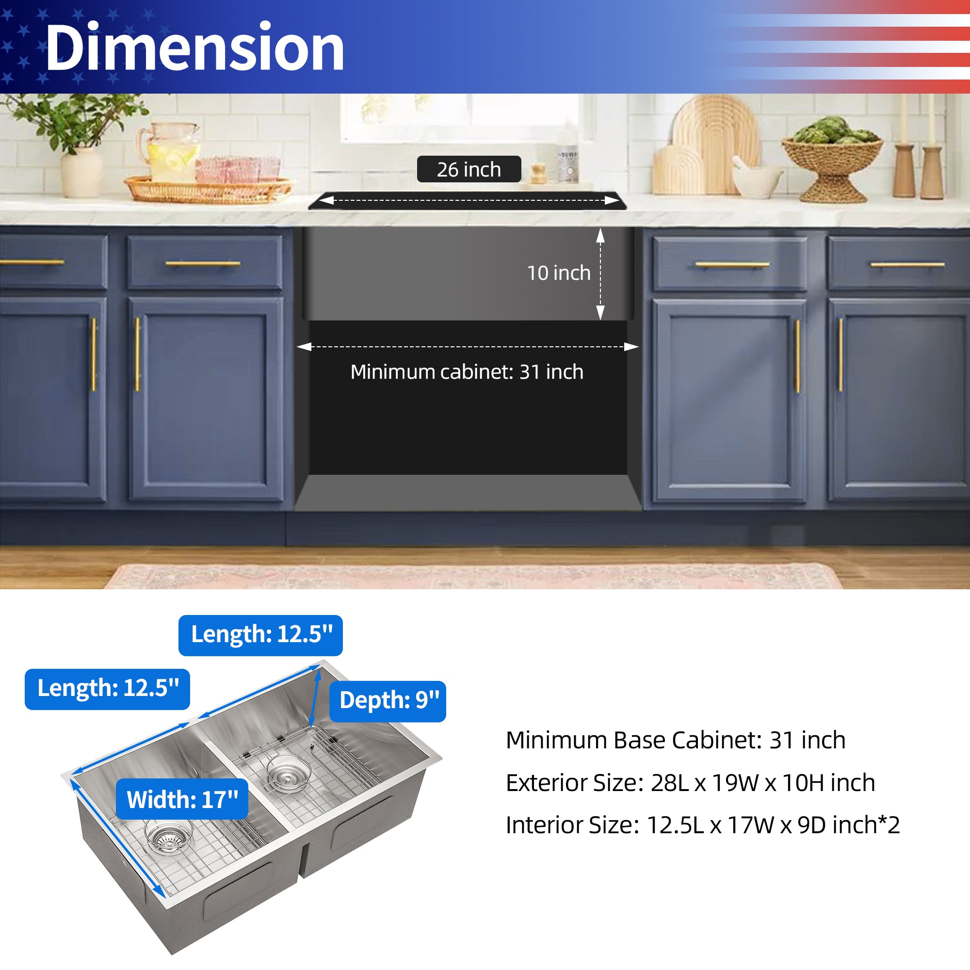 Undermount Double Bowl Kitchen Sink, 16 Gauge Stainless Steel (SS32)