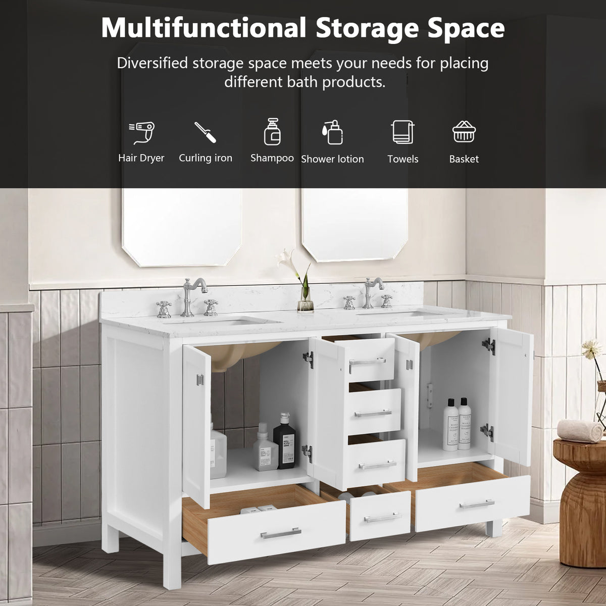 RAINLEX 60 in. Freestanding Double Sink Bathroom Vanity, Solid Wood