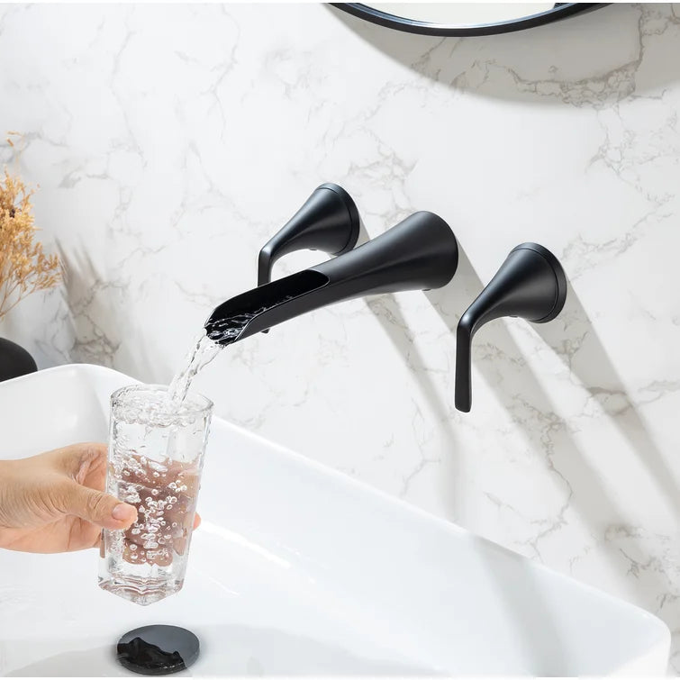 2-Handle Wall-Mount Waterfall Bathroom Faucet with Drain Assembly