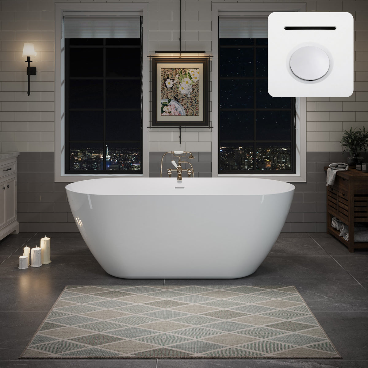 60" Acrylic Freestanding Bathtub, Oval Deep Soaking Contemporary Stand Alone Bath Tub with Pop-up Drain & Integrated Overflow, Brushed Nickel-Finish Drain Cover
