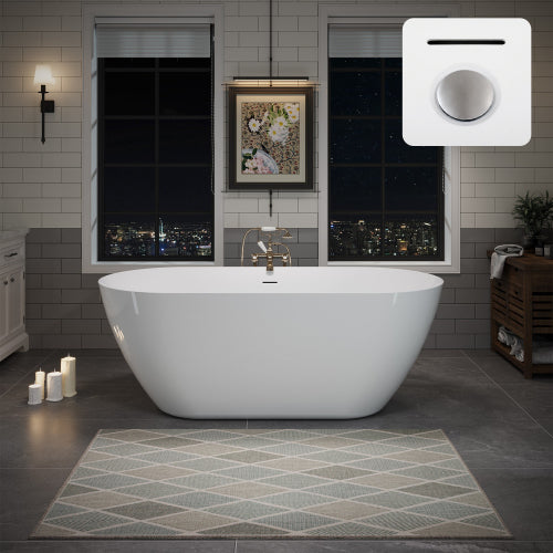 60" Acrylic Freestanding Bathtub, Oval Deep Soaking Contemporary Stand Alone Bath Tub with Pop-up Drain & Integrated Overflow, Brushed Nickel-Finish Drain Cover