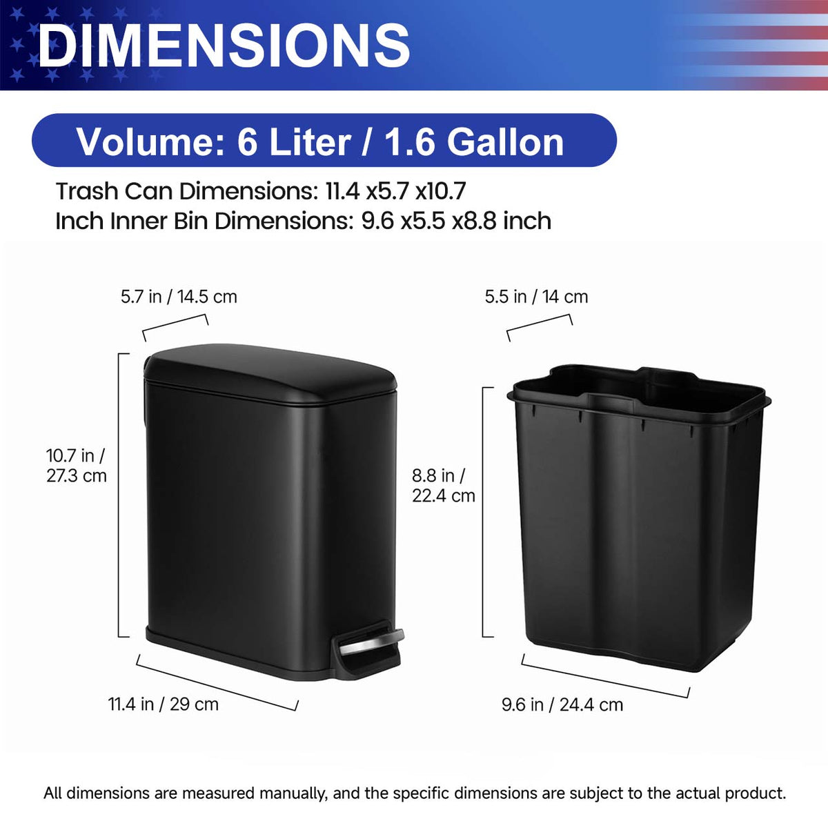 RAINLEX 6L / 1.6 Gal. Slim Steel Step Trash Can with Soft-Close Lid