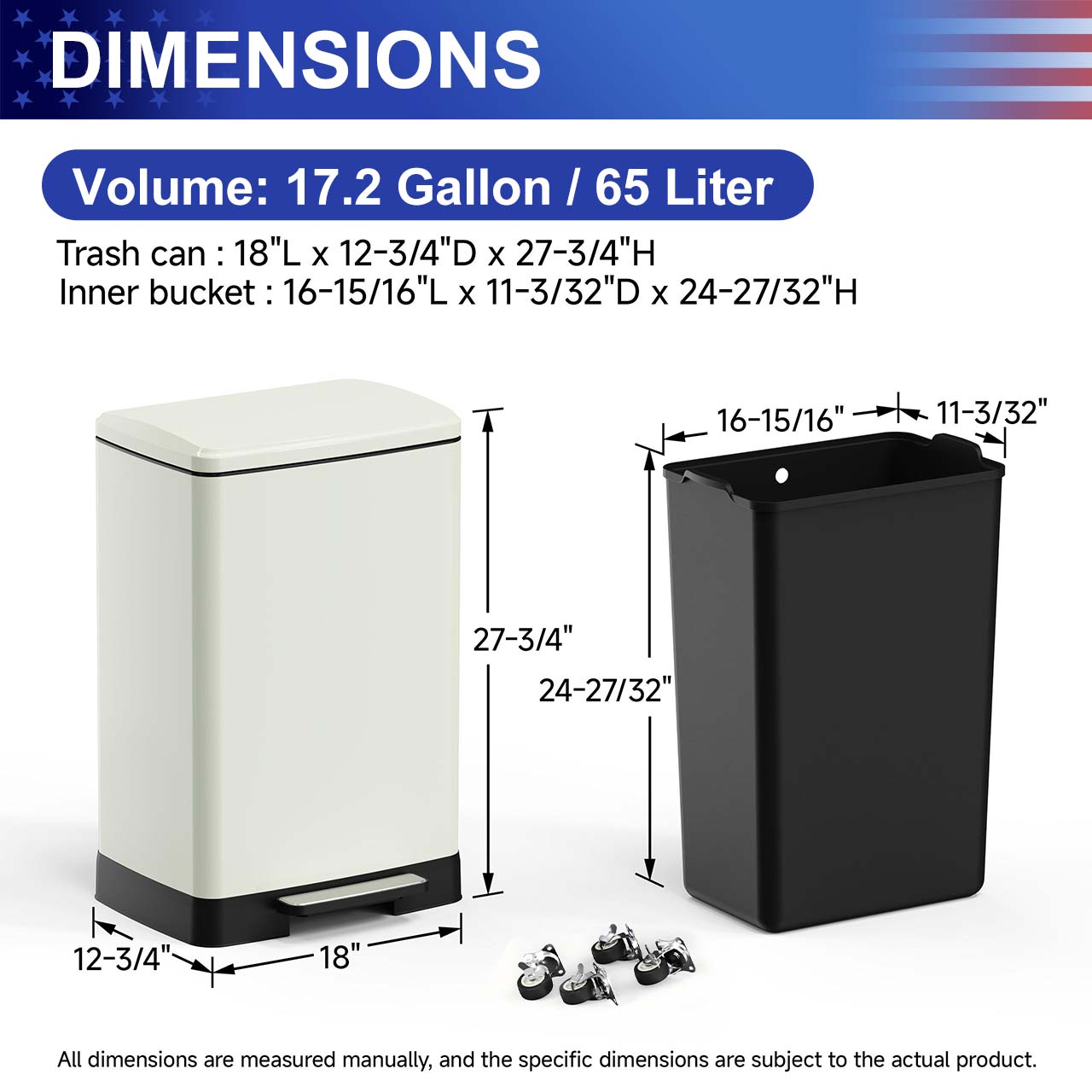 17 Gal. Stainless Steel Step Trash Can with Soft-Close Lid, Removable Inner Bucket, Detachable Wheels and Odor Control Slot RX-TB01-17