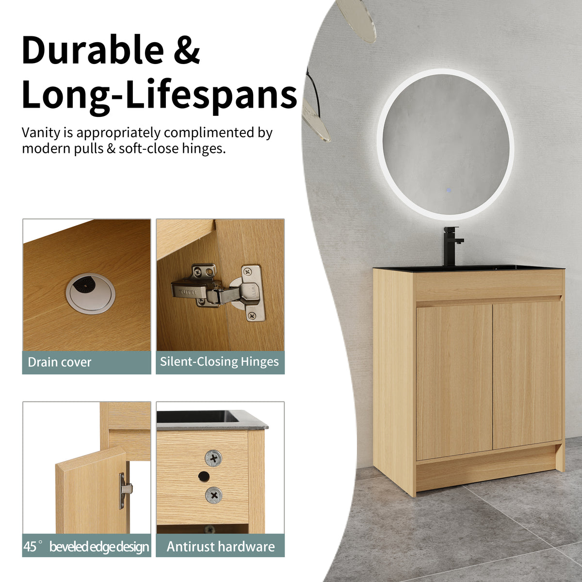 RAINLEX 28" Freestanding Bathroom Vanity with Stainless Steel Sink in Oak