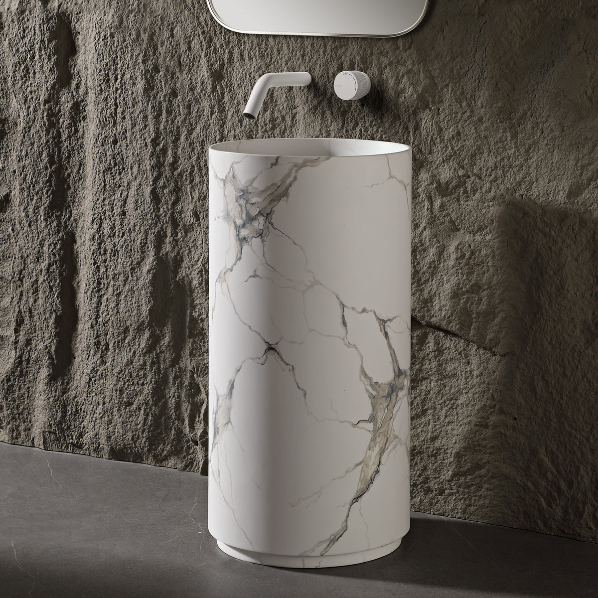 17.7 in. Freestanding Solid Surface Pedestal Bathroom Sink, Calacatta White with Charcoal & Gold Veining