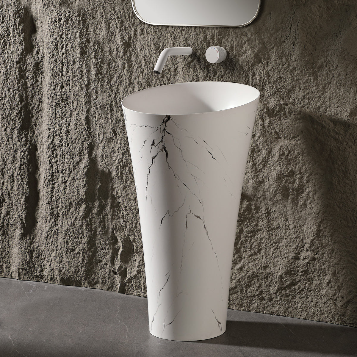 19.7 in. Freestanding Solid Surface Pedestal Bathroom Sink, Matte White with Charcoal Veining