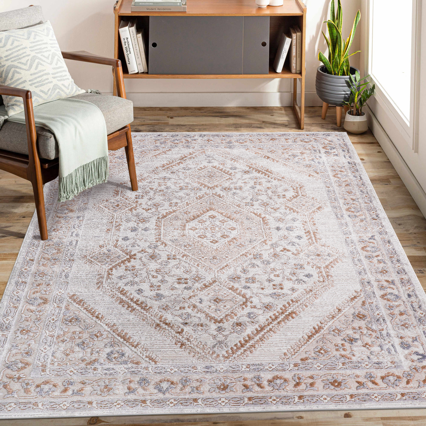Rainlex 5”x 7” Cream/Ivory/Bordered Non-Shedding Area Rug, Soft Low-Pile, Stain-Resistant, Non-Slip