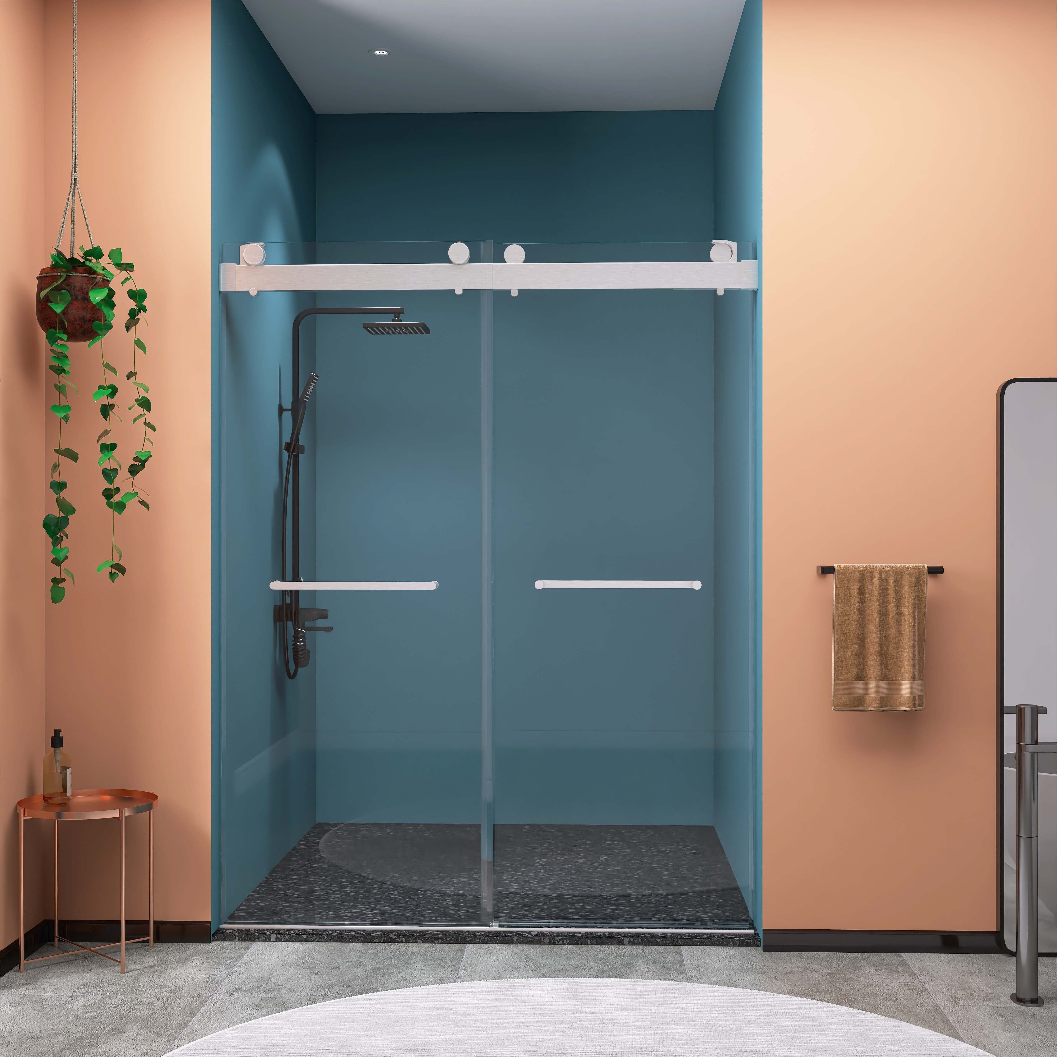 Porte de douche coulissante double sans cadre de 57 po à 60 po de largeur et de 79 po de hauteur avec verre trempé en nickel brossé