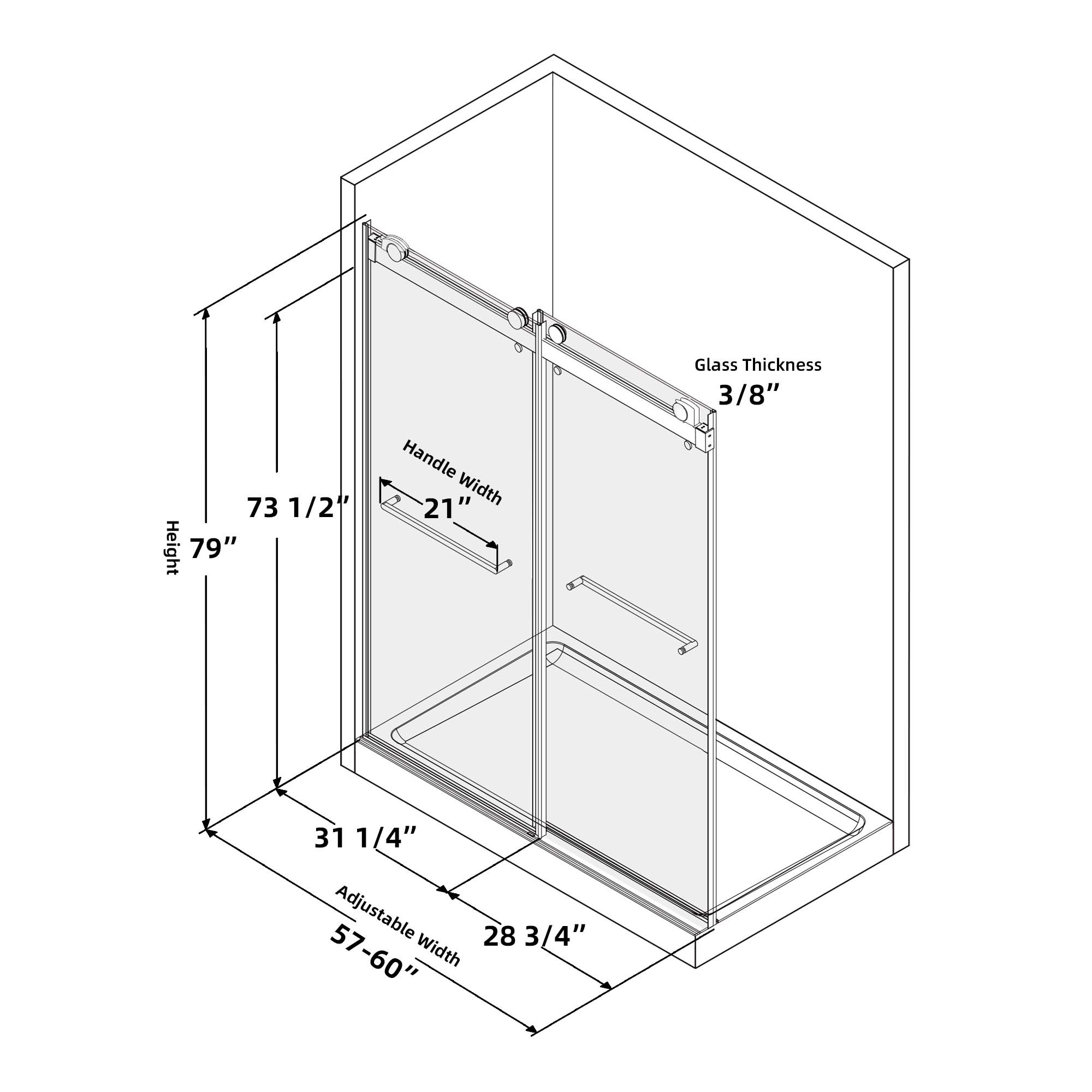 57-60" W x 79" H Frameless Double Sliding Shower Door, Brushed Nickel