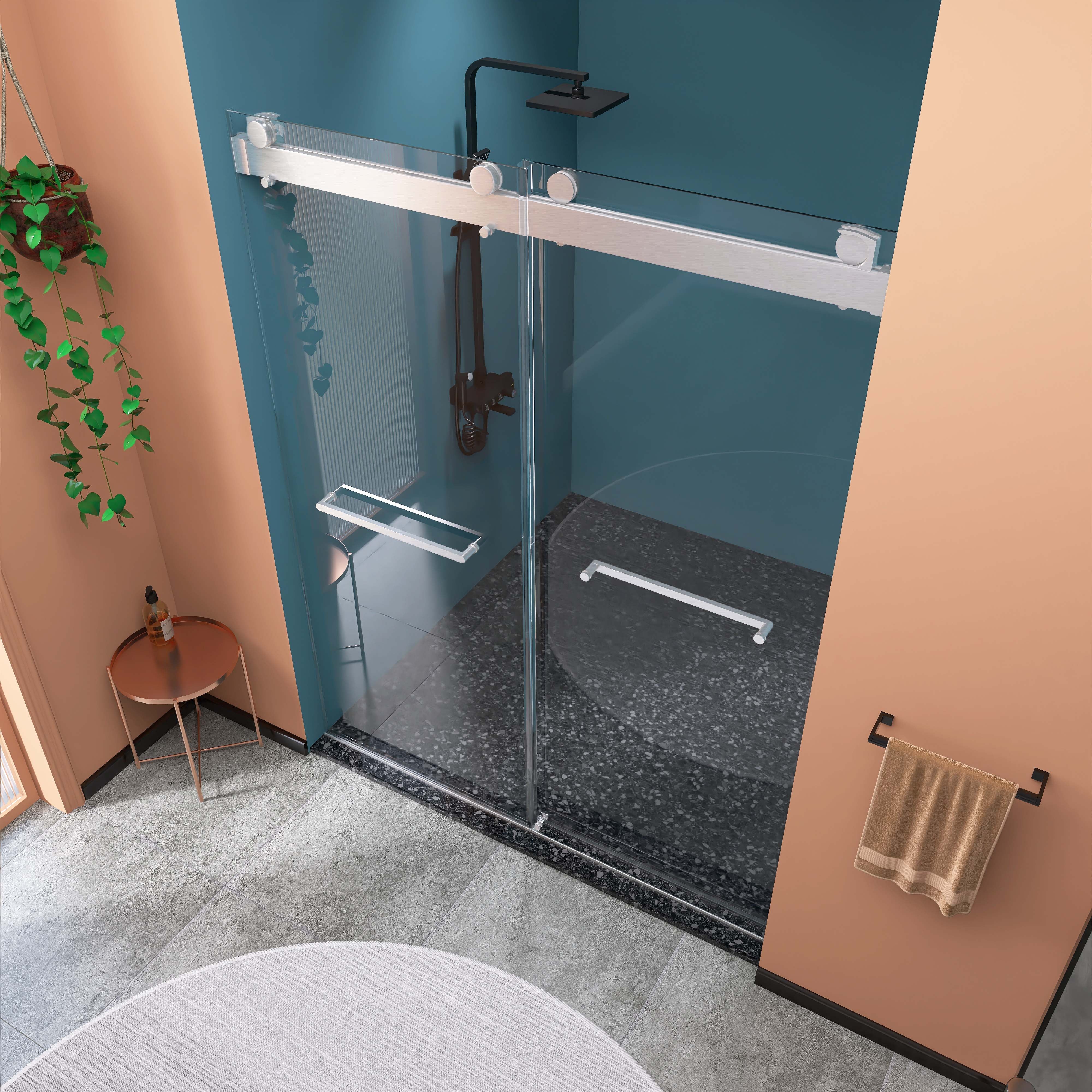 Porte de douche coulissante double sans cadre de 57 po à 60 po de largeur et de 79 po de hauteur avec verre trempé en nickel brossé