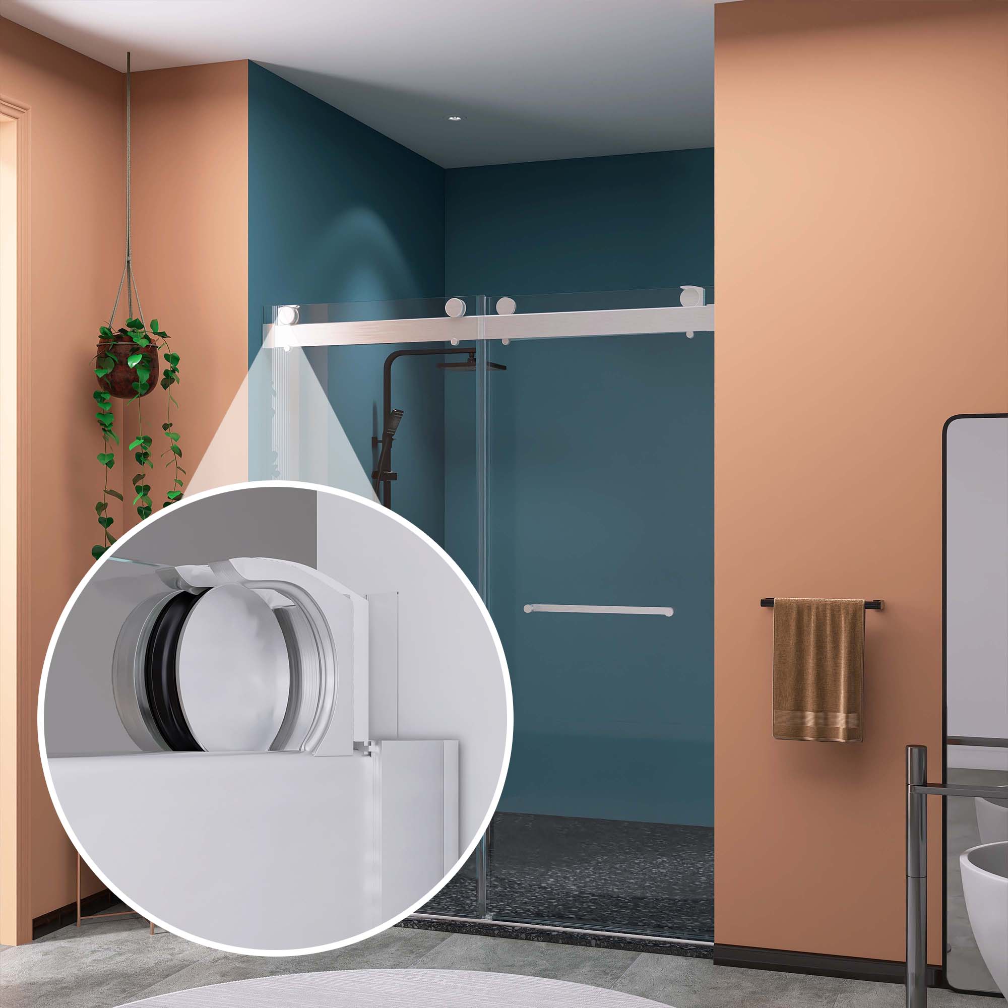 Porte de douche coulissante double sans cadre de 57 po à 60 po de largeur et de 79 po de hauteur avec verre trempé en nickel brossé