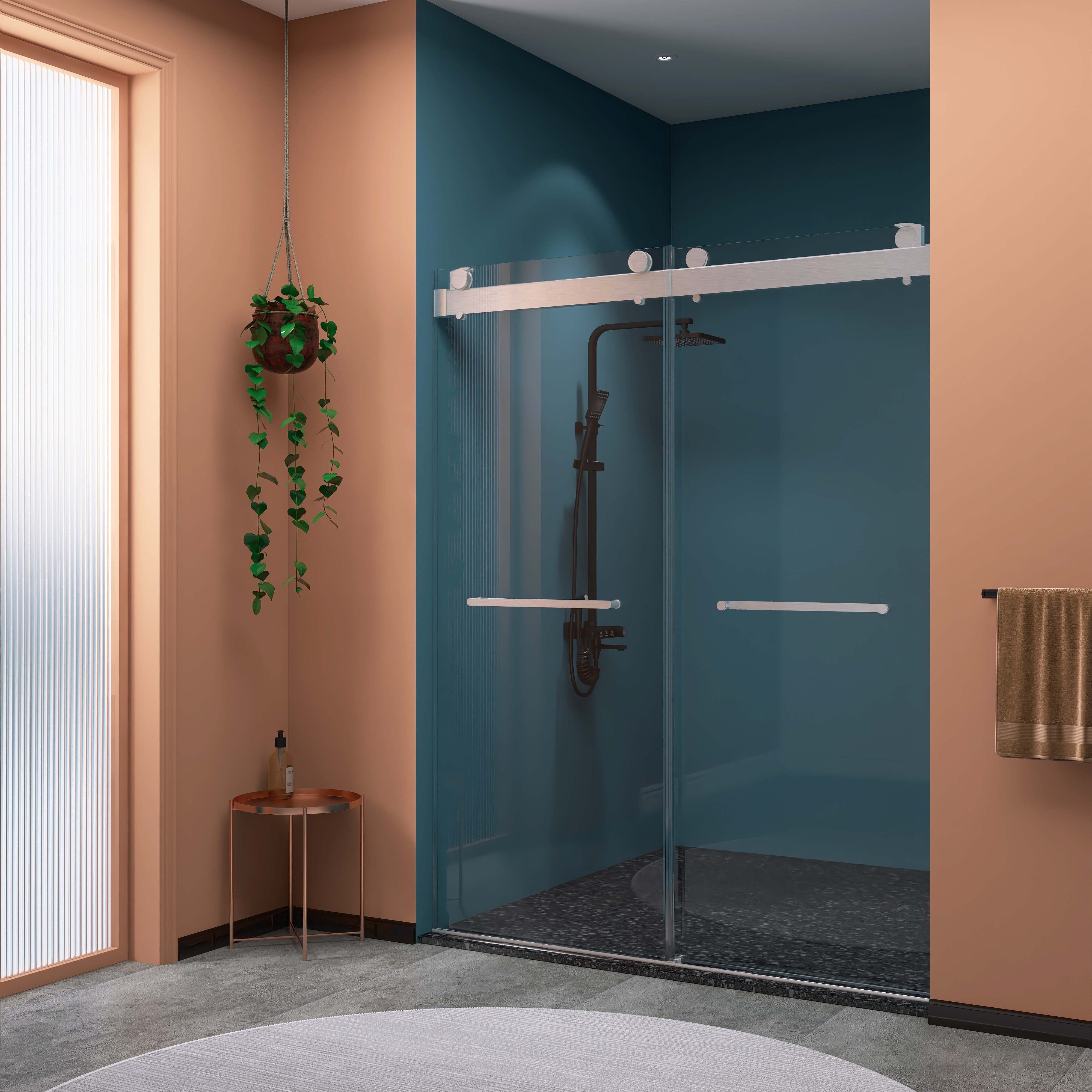 Porte de douche coulissante double sans cadre de 57 po à 60 po de largeur et de 79 po de hauteur avec verre trempé en nickel brossé