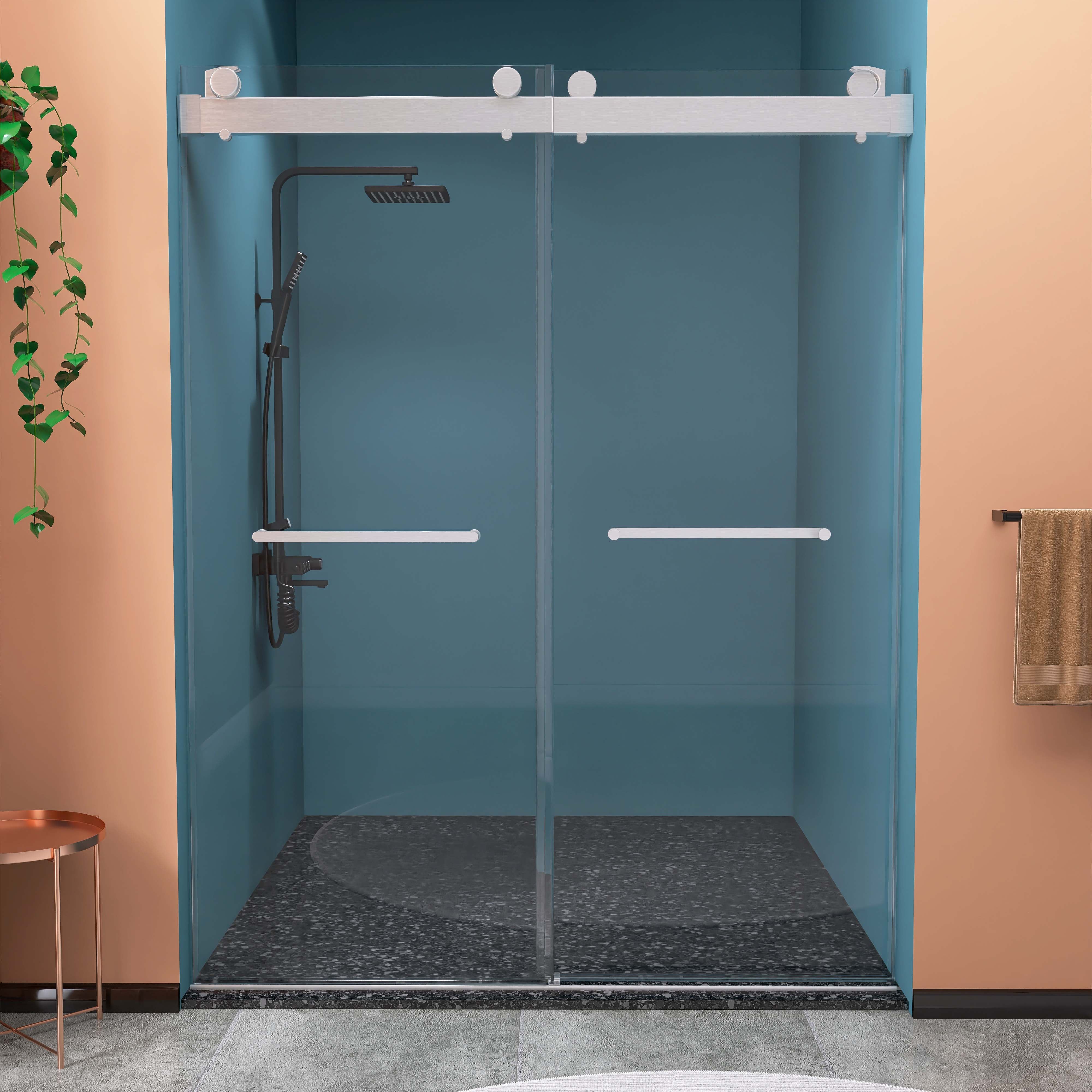 Porte de douche coulissante double sans cadre de 57 po à 60 po de largeur et de 79 po de hauteur avec verre trempé en nickel brossé