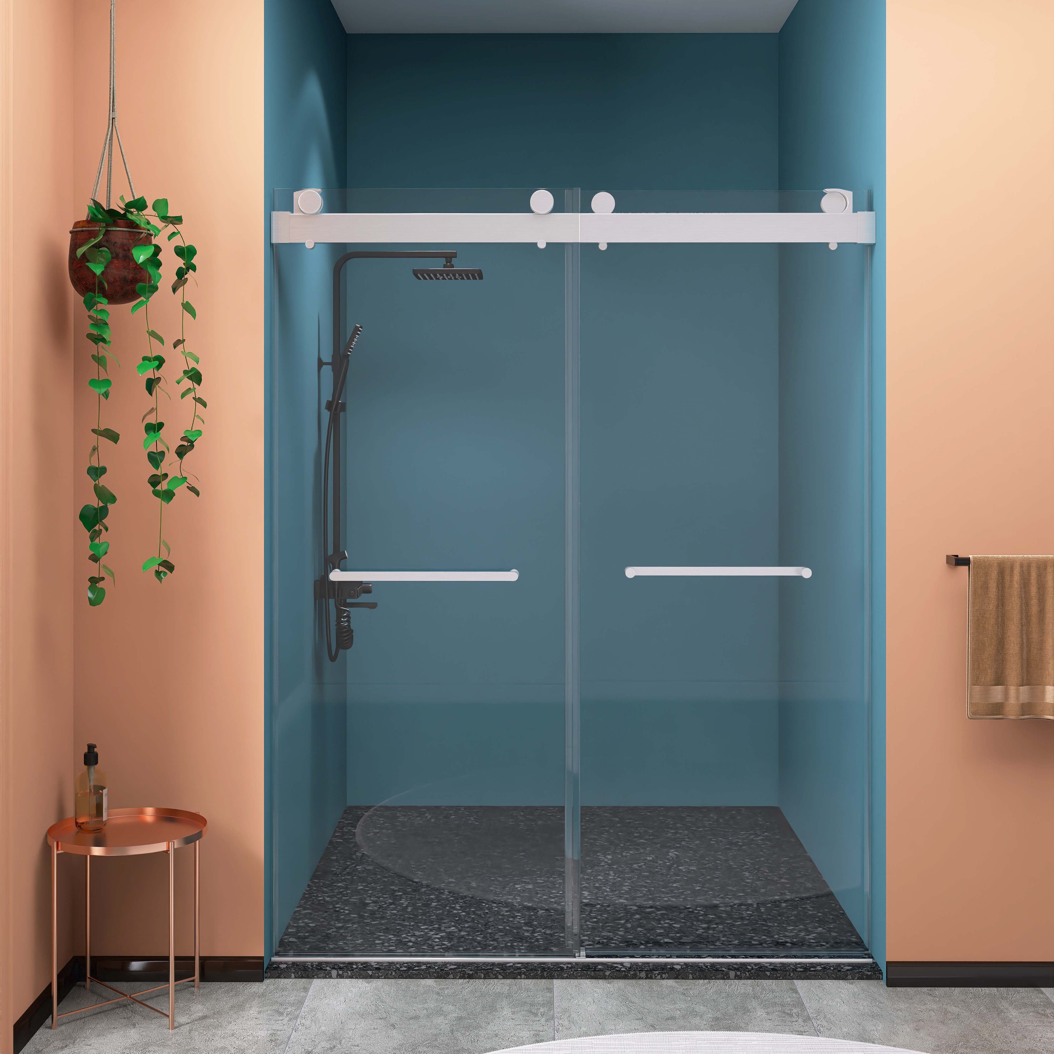Porte de douche coulissante double sans cadre de 57 po à 60 po de largeur et de 79 po de hauteur avec verre trempé en nickel brossé