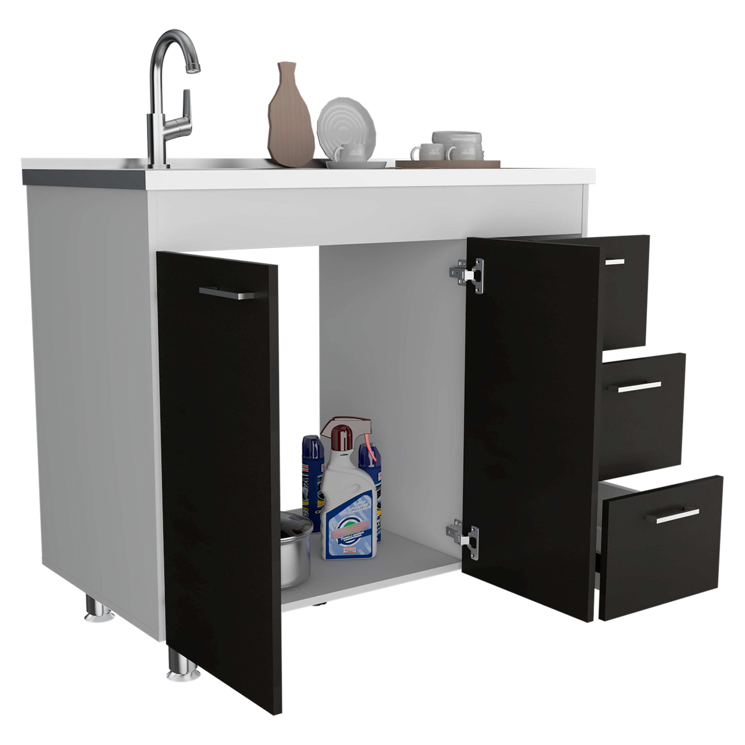 Rainlex 39" Freestanding Utility Sink Cabinet with Stainless Steel Countertop, Double Utility Basins, Soft-Close Storage Doors — White Laundry & Kitchen Workstation
