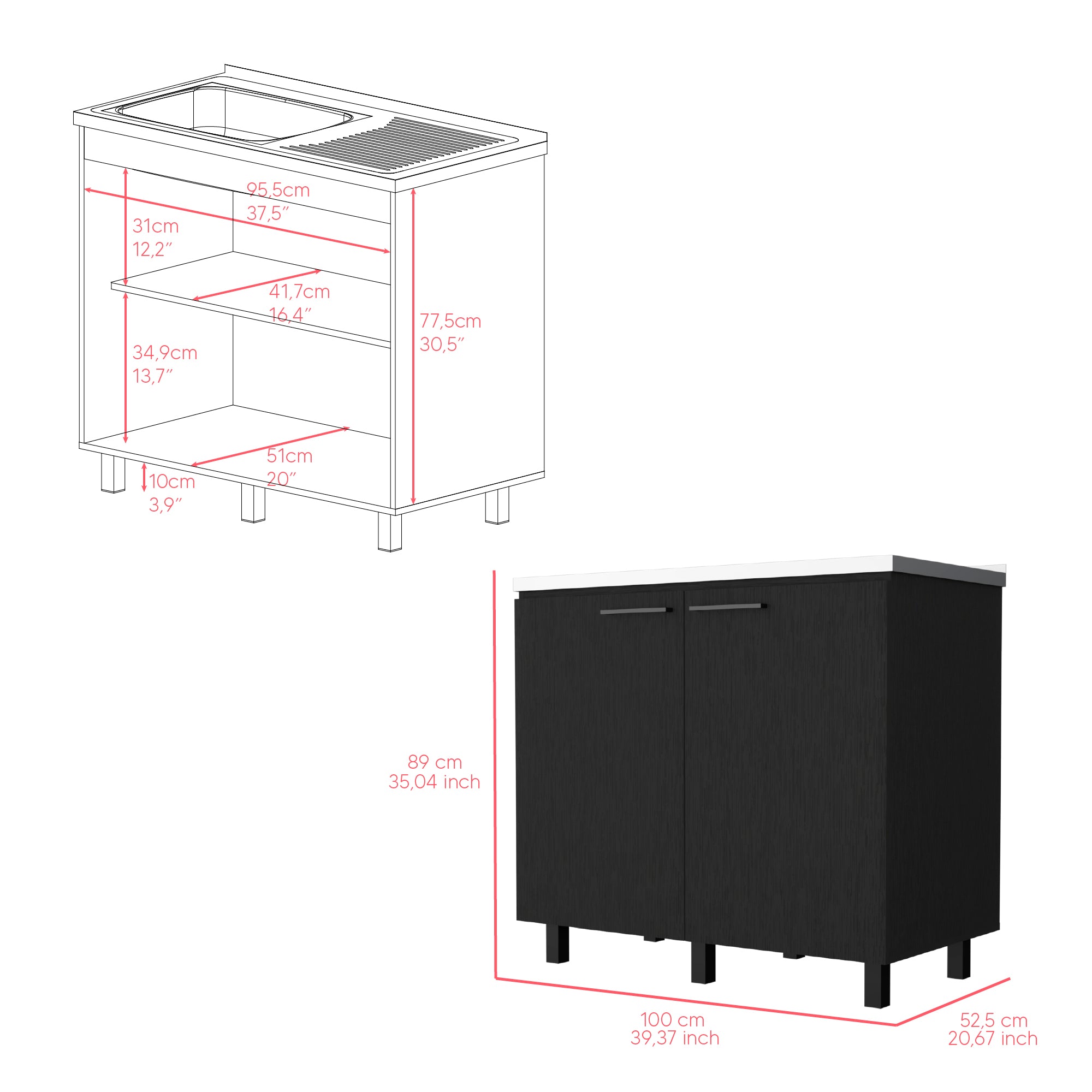 Rainlex Freestanding Utility Sink Cabinet with Double Doors & Shelves, Black