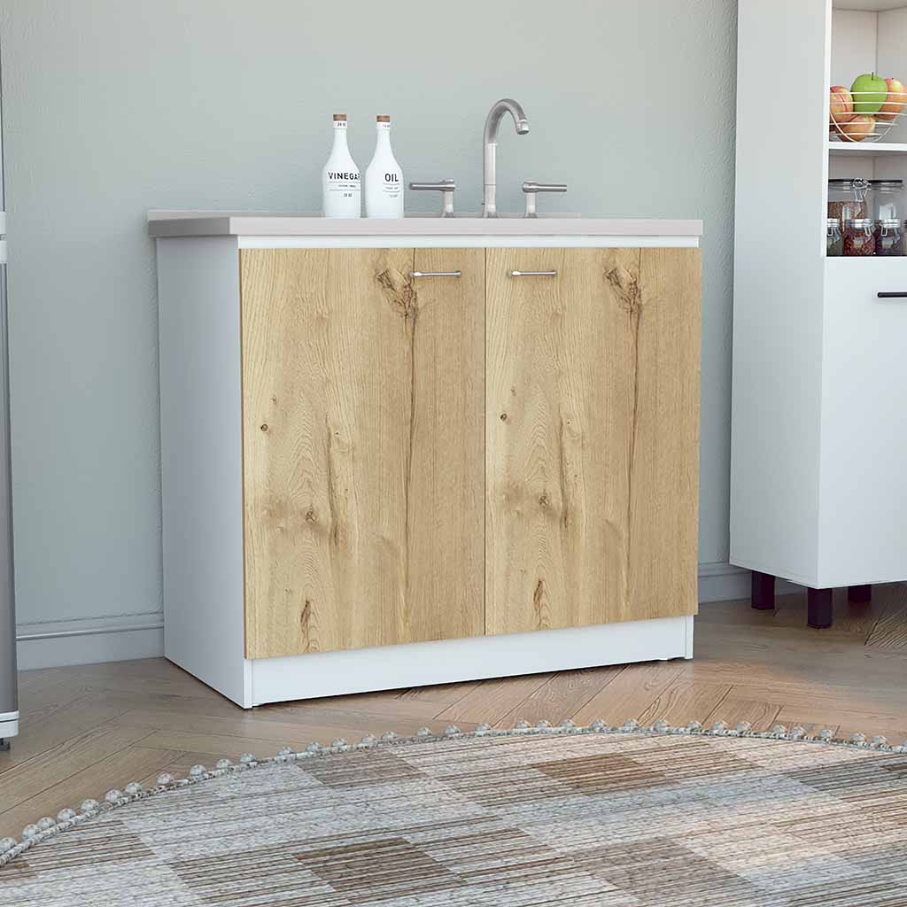 Rainlex Napoles 39" Utility Sink Cabinet with Stainless Steel Basin, White & Light Oak