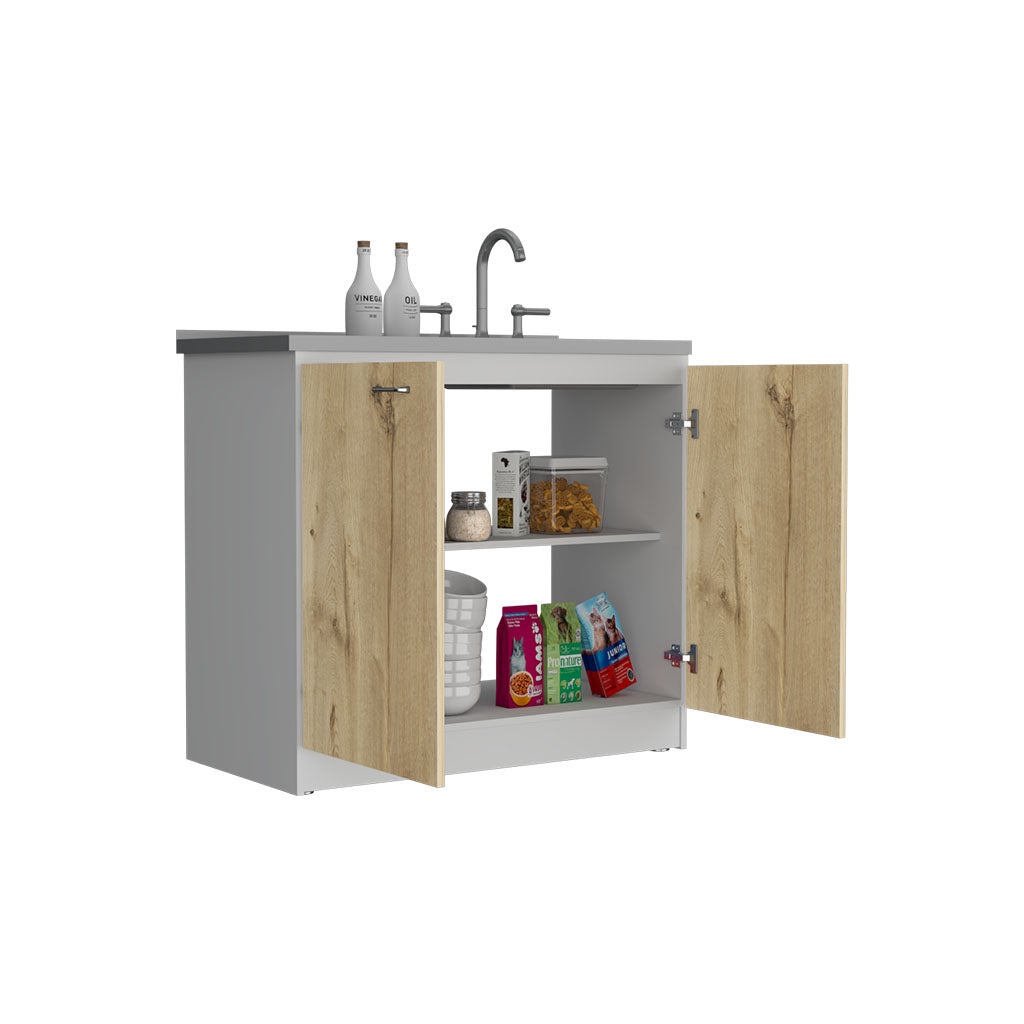 Rainlex Napoles 39" Utility Sink Cabinet with Stainless Steel Basin, White & Light Oak