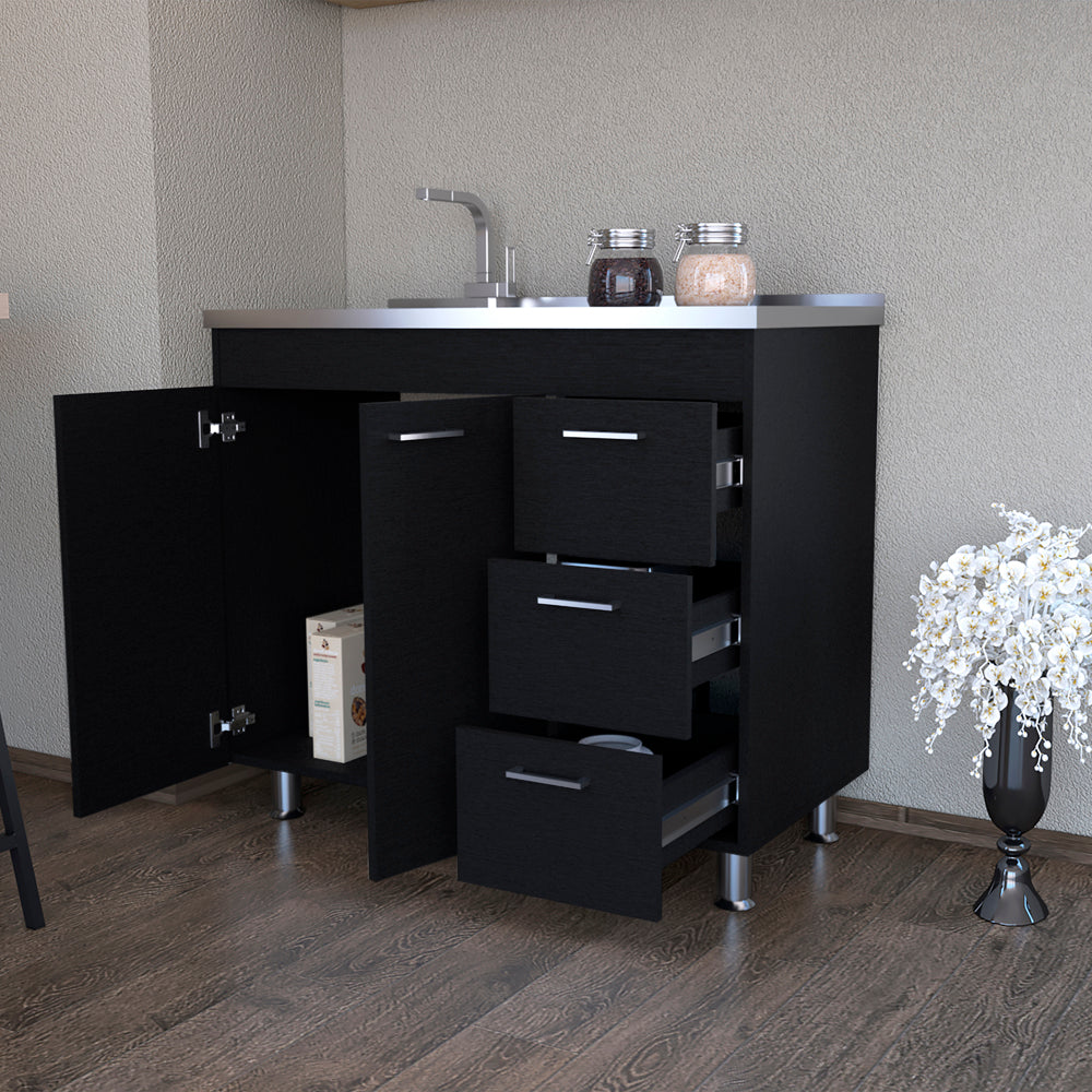 Rainlex 39.3 in. x 20.6 in. Black Freestanding Utility Sink with Cabinet, 3 Drawers, Double Door Storage & Faucet Hole for Kitchen Laundry Room