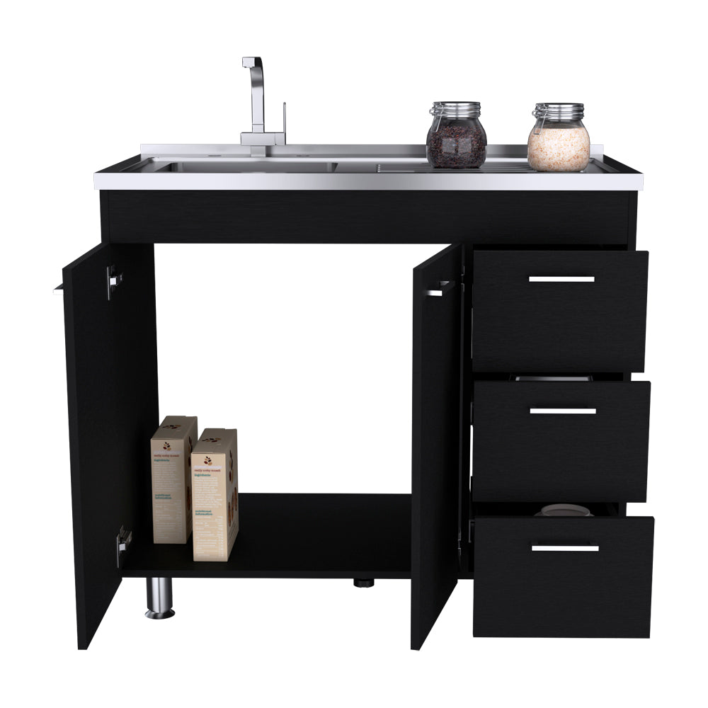 Rainlex 39.3 in. x 20.6 in. Black Freestanding Utility Sink with Cabinet, 3 Drawers, Double Door Storage & Faucet Hole for Kitchen Laundry Room