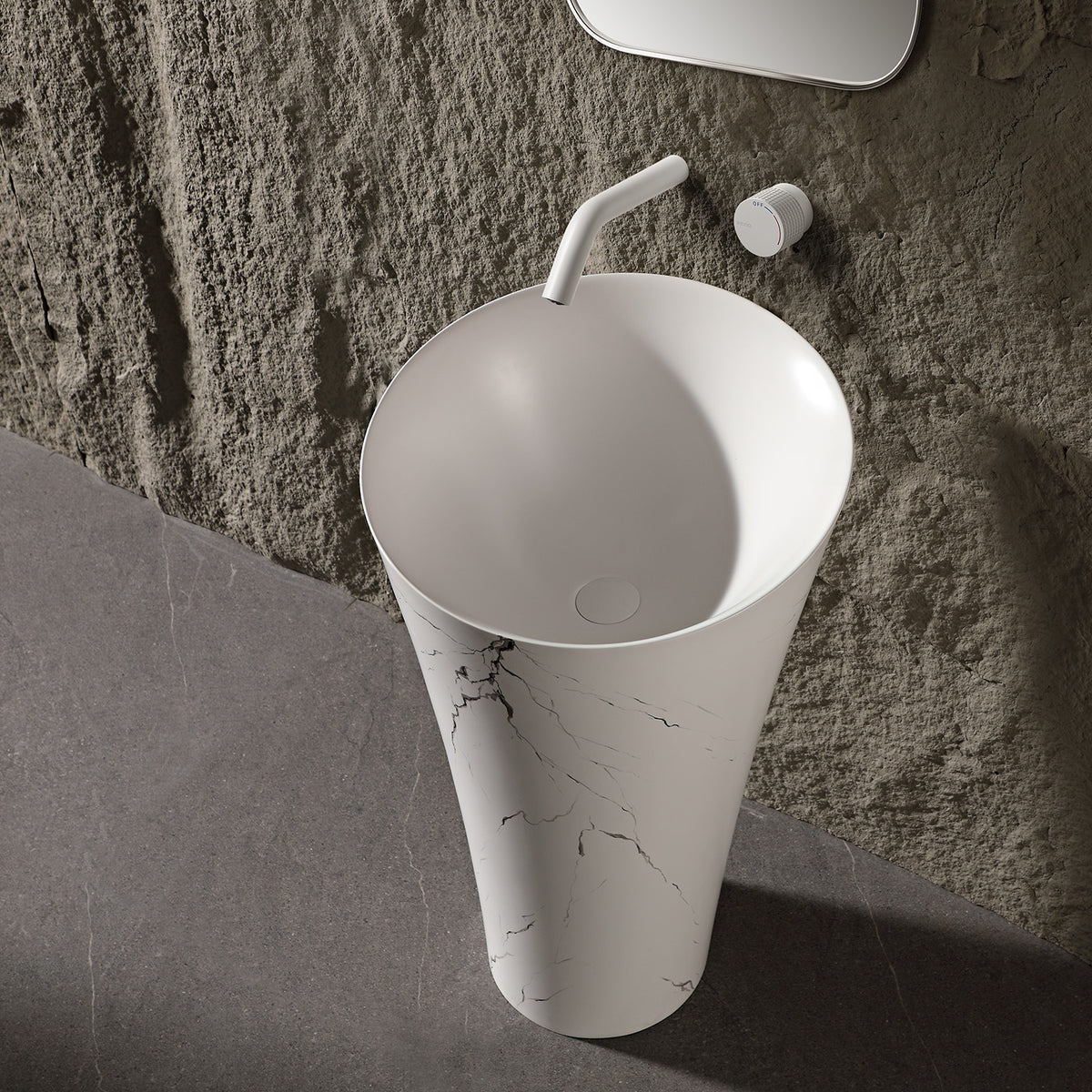19.7 in. Freestanding Solid Surface Pedestal Bathroom Sink, Matte White with Charcoal Veining