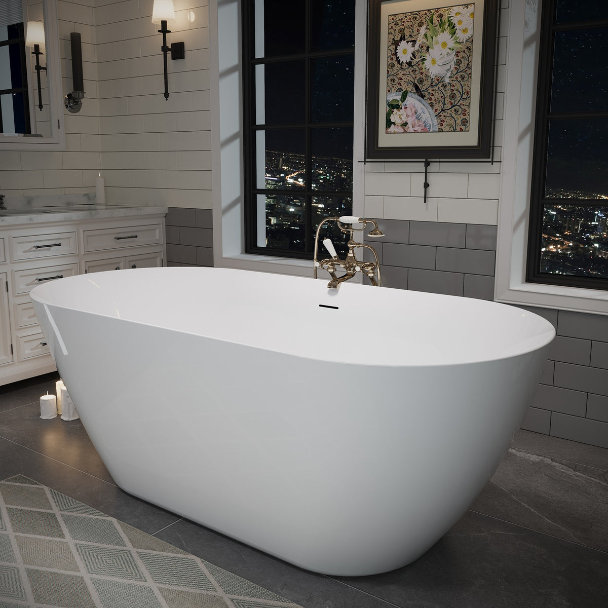 60" Acrylic Freestanding Bathtub, Oval Deep Soaking Contemporary Stand Alone Bath Tub with Pop-up Drain & Integrated Overflow, Brushed Nickel-Finish Drain Cover