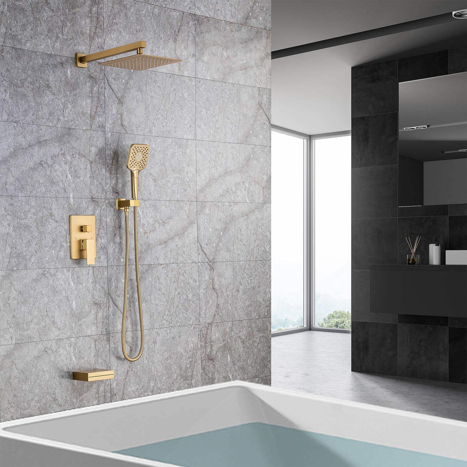 Pommeau de douche carré à 3 voies et montage mural de 10 po avec robinet à montage brut RX97303-10