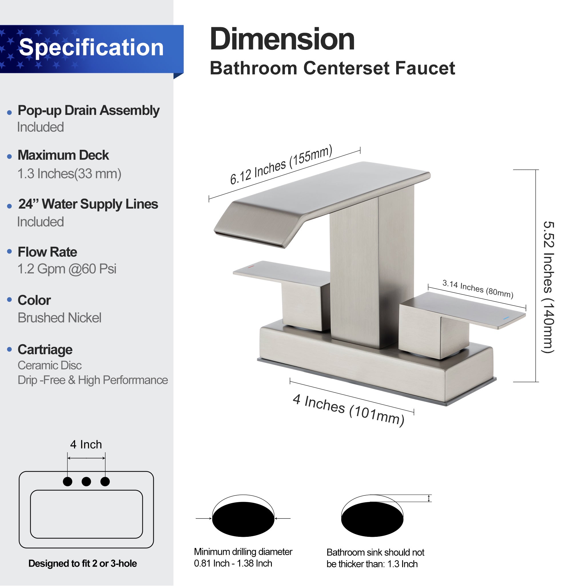 2-Handle Centerset Bathroom Faucet with Drain Assembly (S3017)