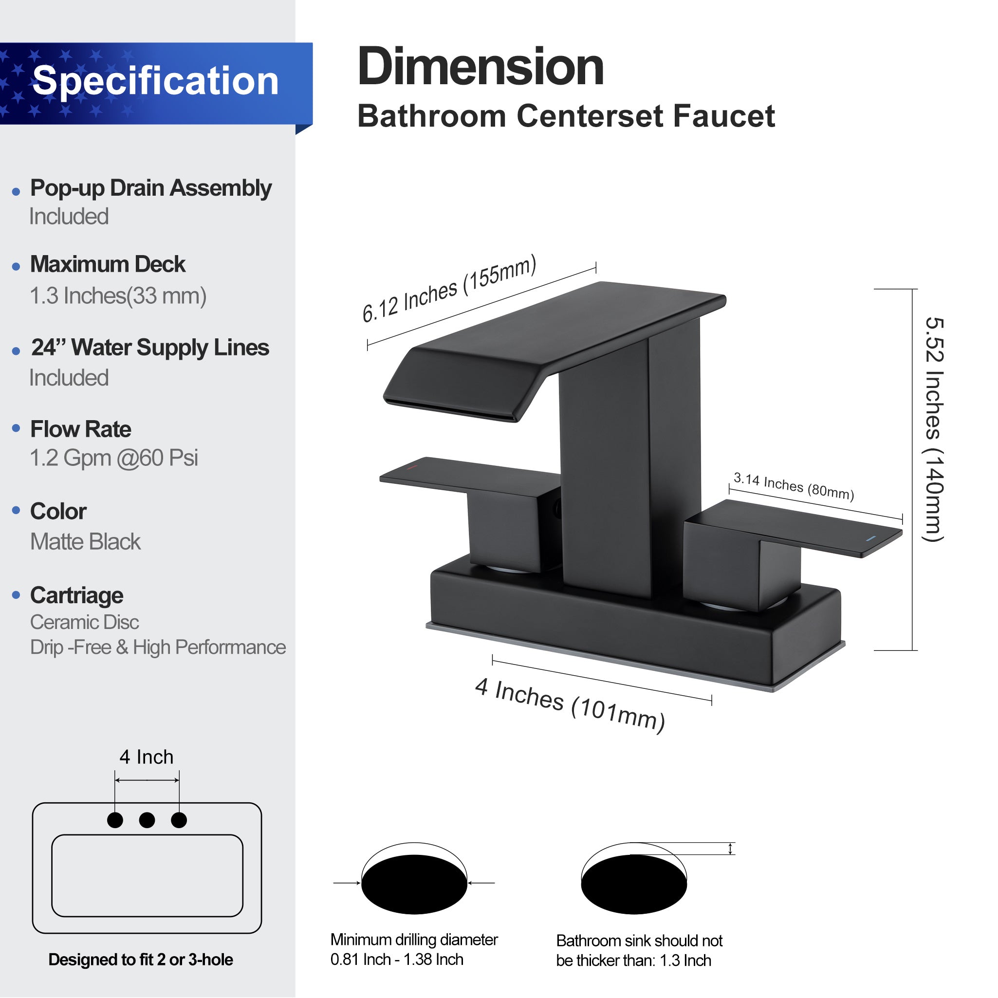 2-Handle Centerset Bathroom Faucet with Drain Assembly (S3017)