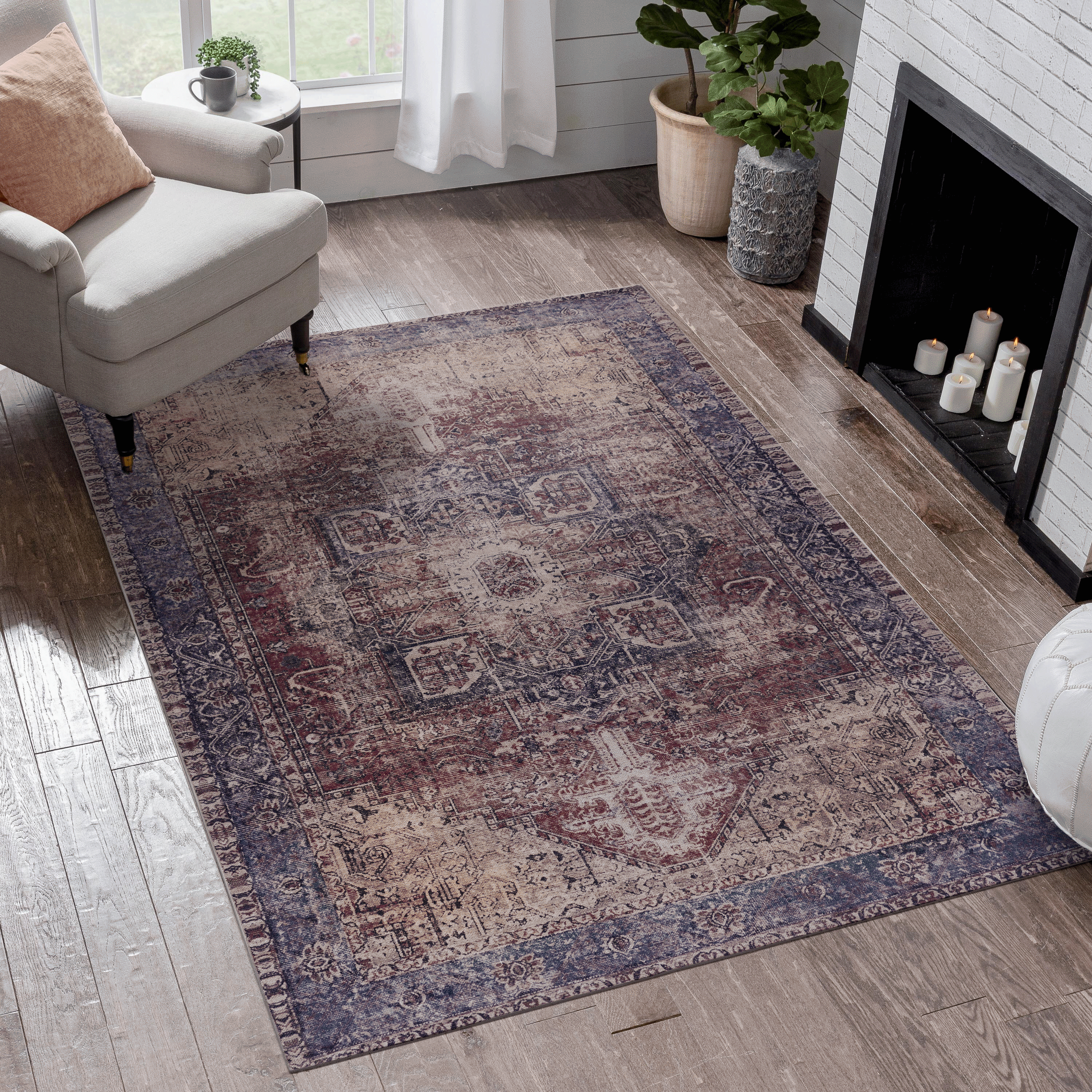 Rainlex 5” x 8” Burgundy Vintage Area Rug, Soft Low-Pile, Stain-Resistant, Non-Slip