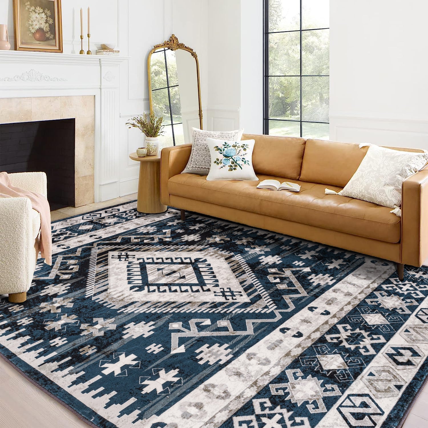 Rainlex 6' x 9' Vintage Persian Washable Area Rug, Blue/Black