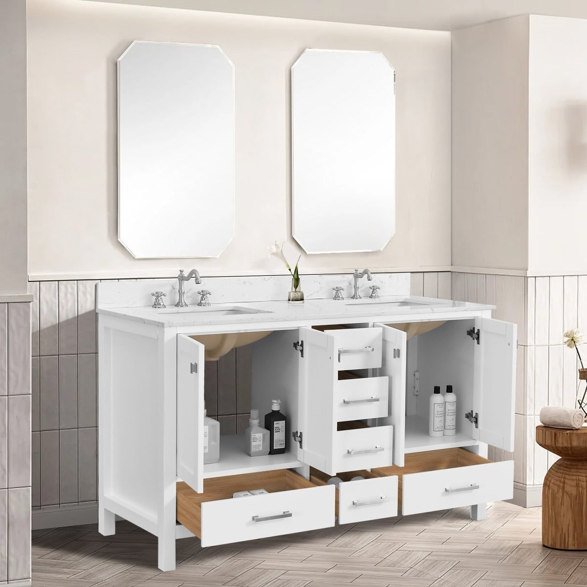 RAINLEX 60 in. Freestanding Double Sink Bathroom Vanity, Solid Wood