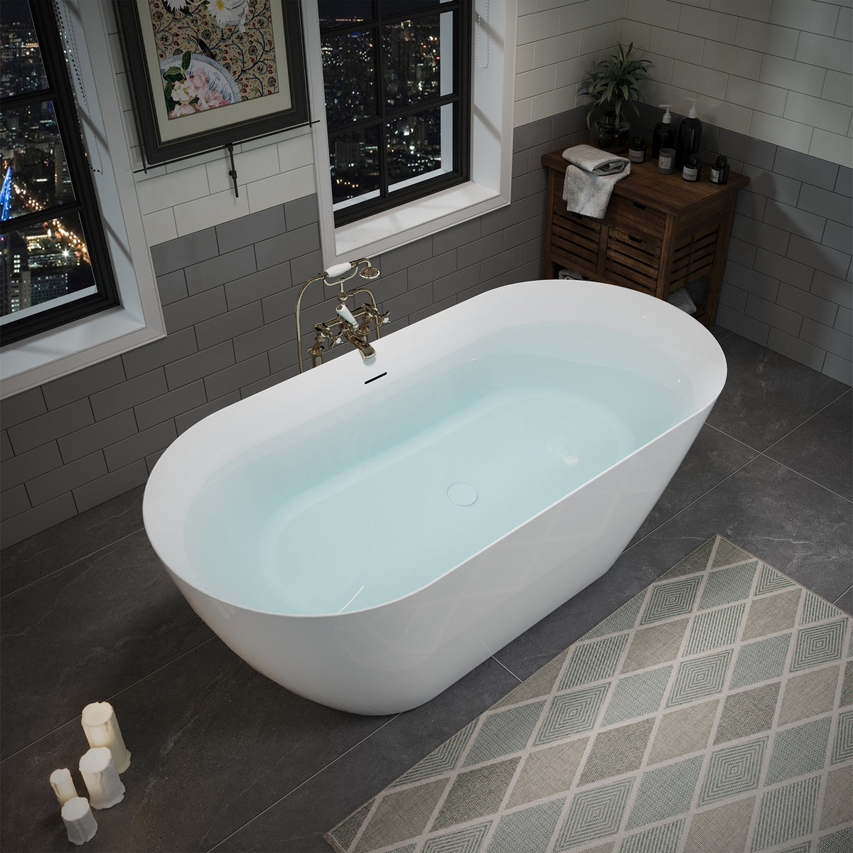 60" Acrylic Freestanding Bathtub, Oval Deep Soaking Contemporary Stand Alone Bath Tub with Pop-up Drain & Integrated Overflow, Brushed Nickel-Finish Drain Cover
