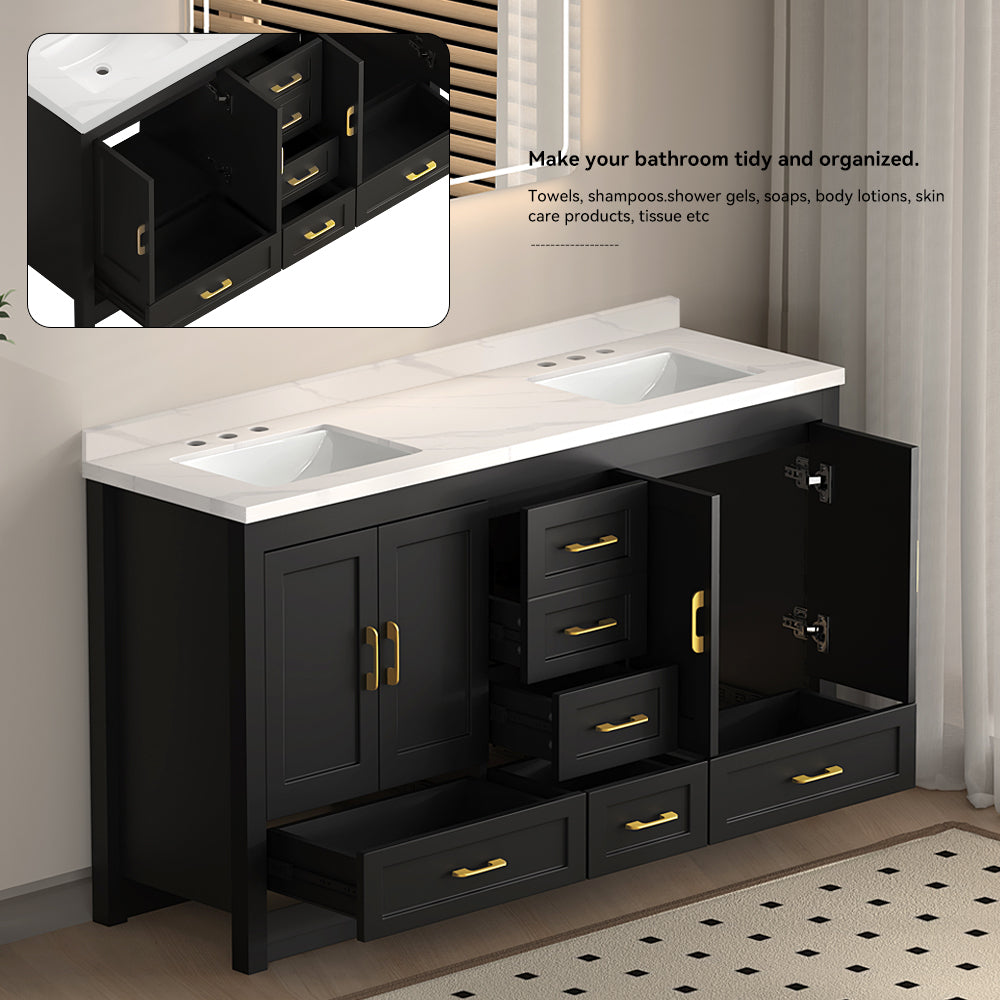 60" Freestanding Bathroom Vanity with Storage, Soft-Close Doors & Drawers, Matte Black
