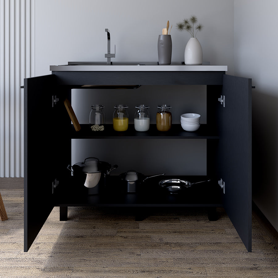 Rainlex Freestanding Utility Sink Cabinet with Double Doors & Shelves, Black