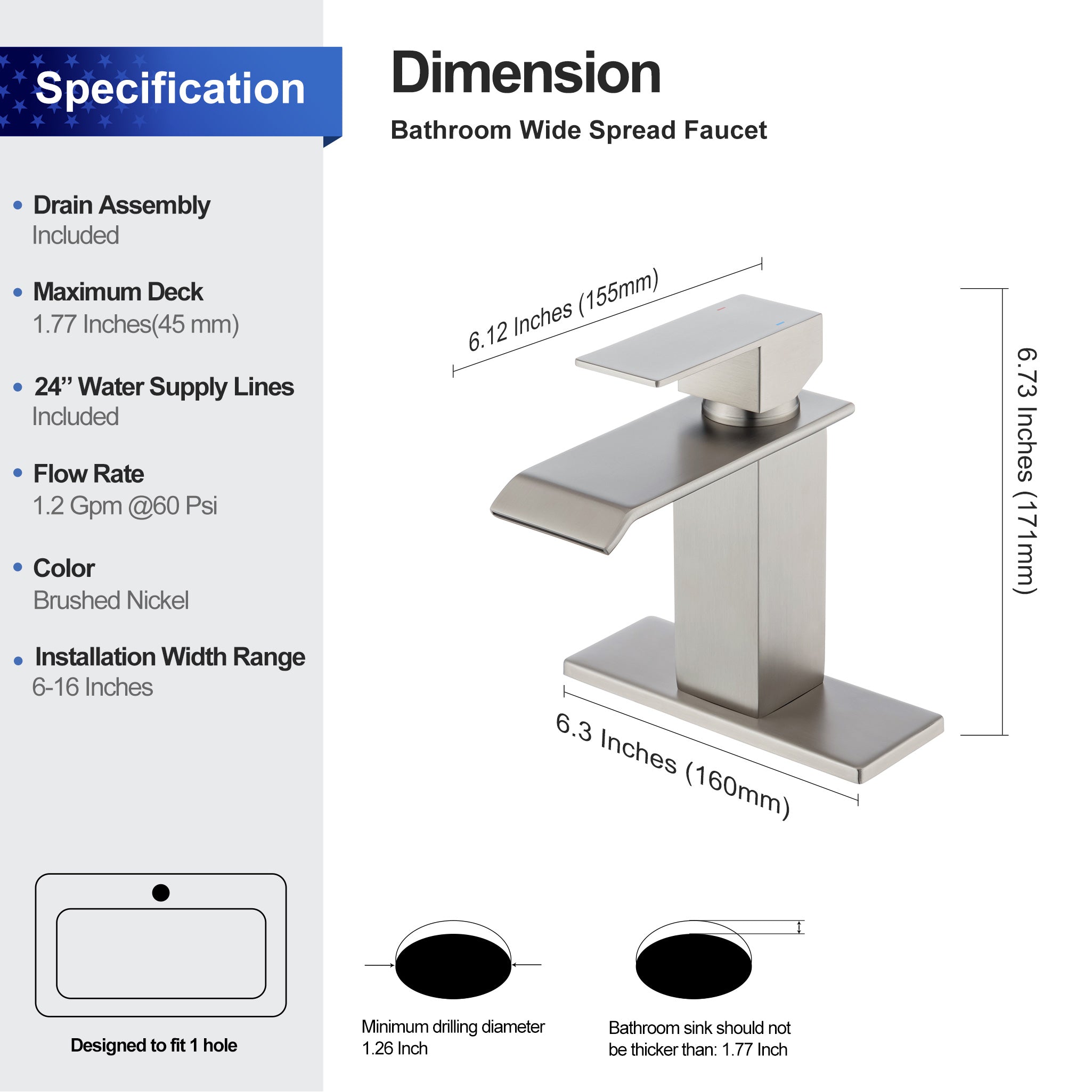 Robinet de salle de bain à trou unique avec ensemble de vidange RX5017