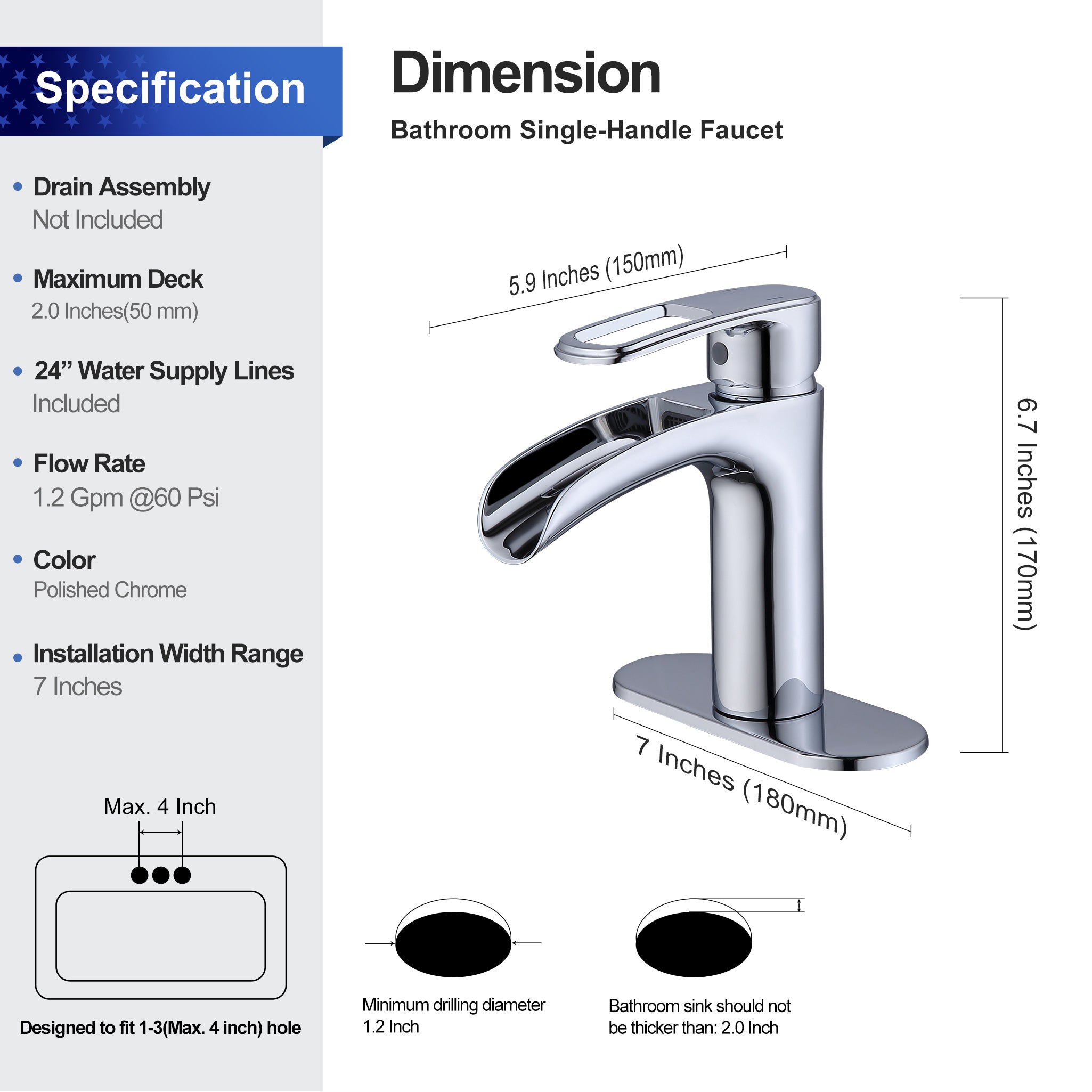 Robinet de salle de bain à poignée unique en cascade RX5301