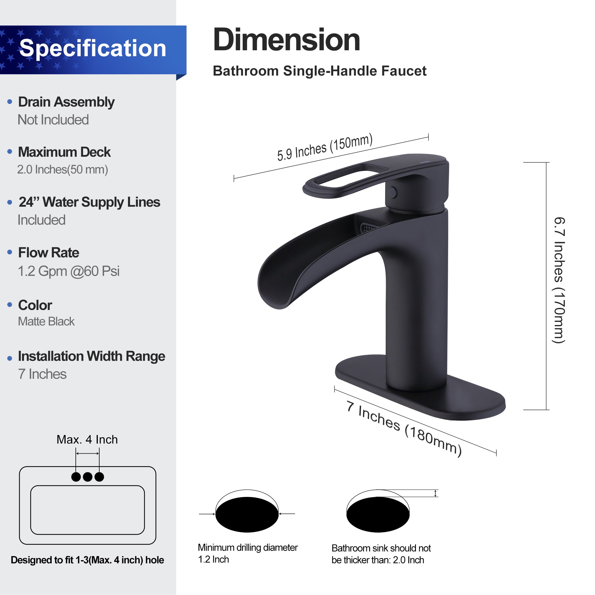Robinet de salle de bain à poignée unique en cascade RX5301