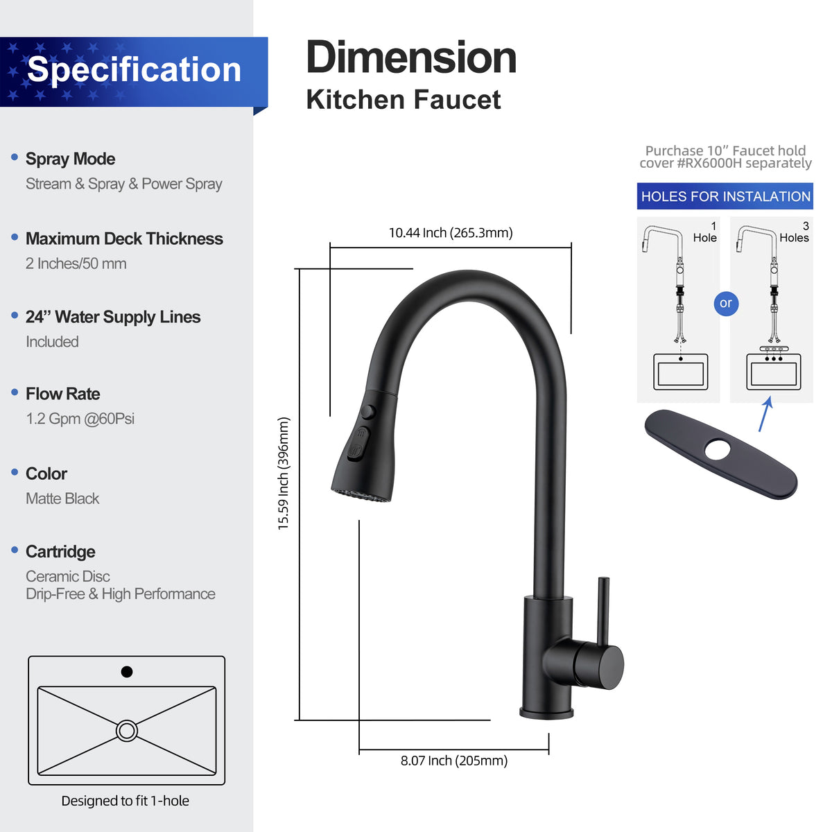 RAINLEX Single-Handle Pull-Down Kitchen Faucet (S6087)