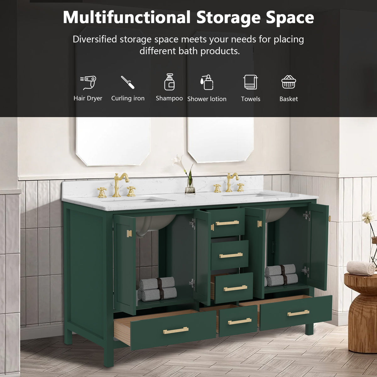 RAINLEX 60 in. Freestanding Double Sink Bathroom Vanity, Solid Wood