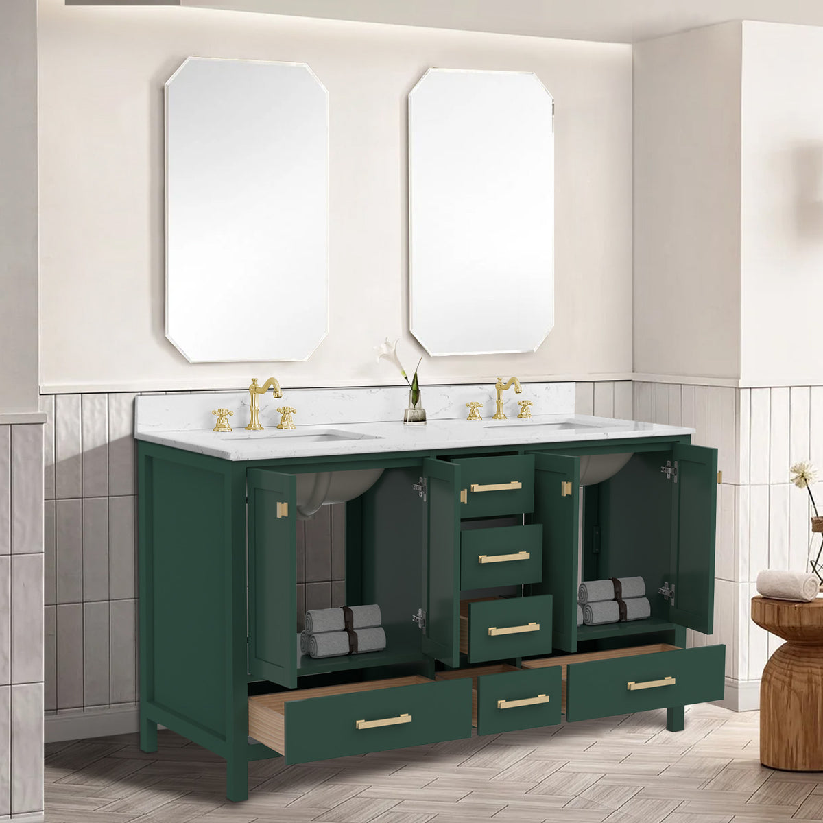 RAINLEX 60 in. Freestanding Double Sink Bathroom Vanity, Solid Wood