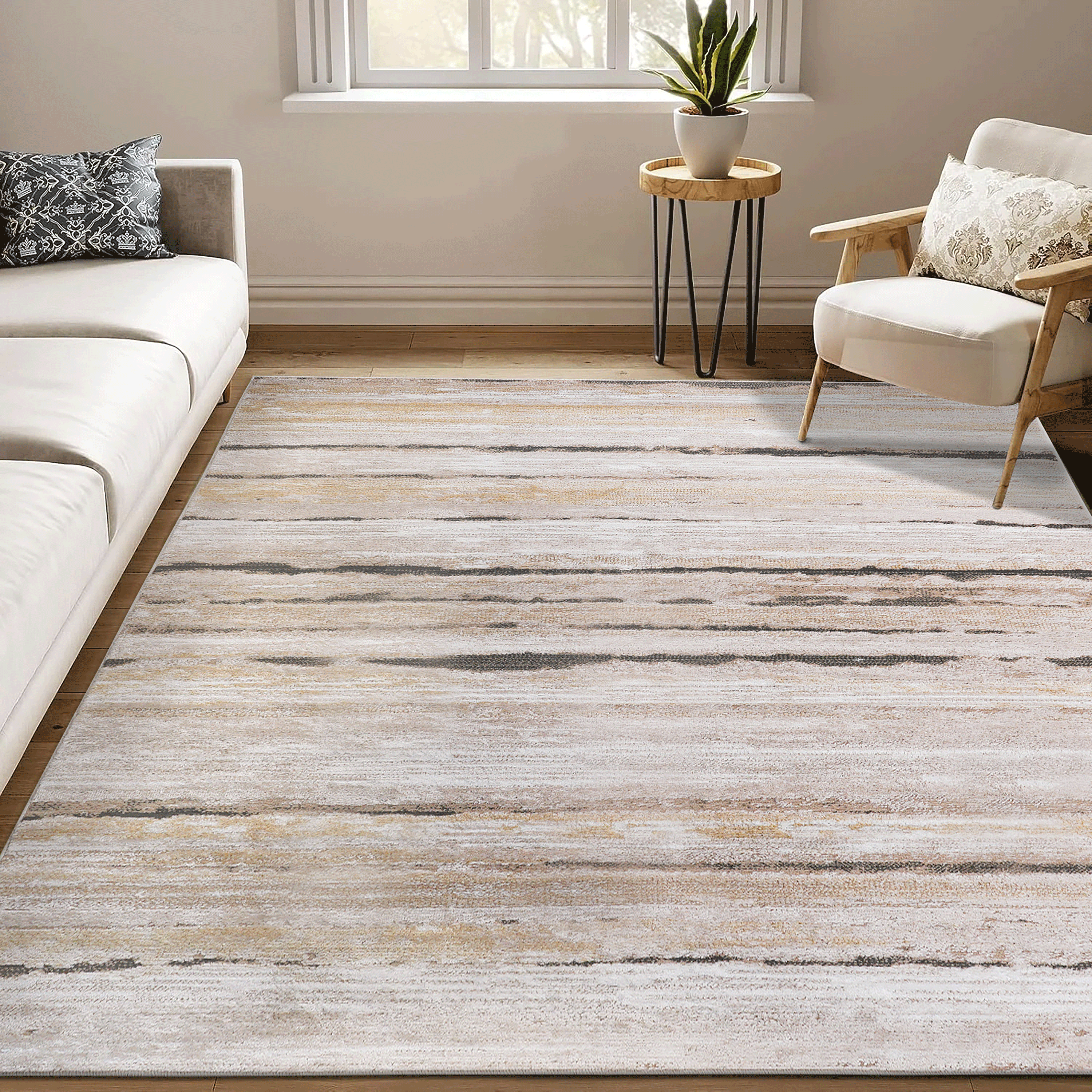 Rainlex 5X7 Brown /Striped Non-Shedding Living Room Bedroom Dining Home Office Stylish and Stain Resistant Area Rug