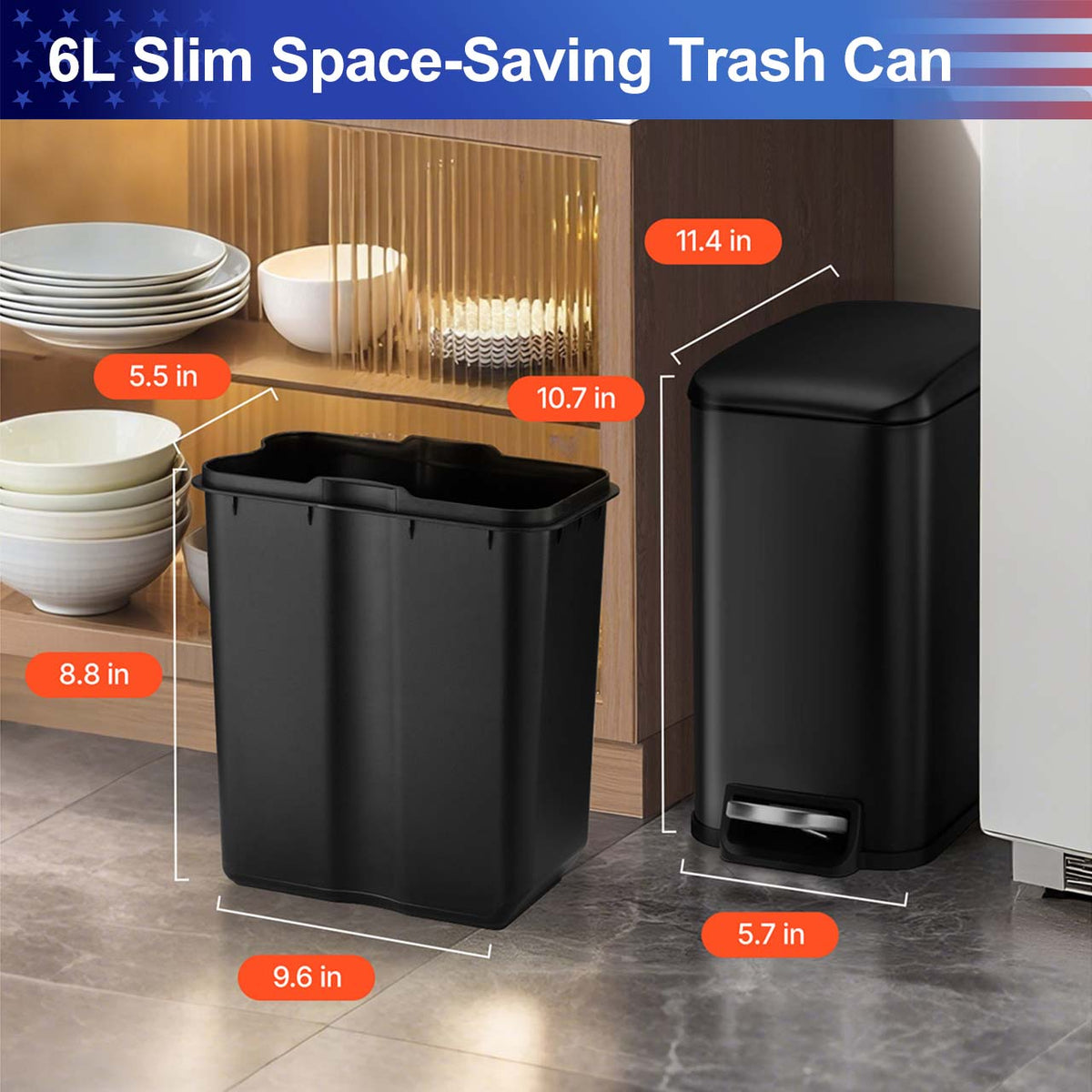 RAINLEX 6L / 1.6 Gal. Slim Steel Step Trash Can with Soft-Close Lid