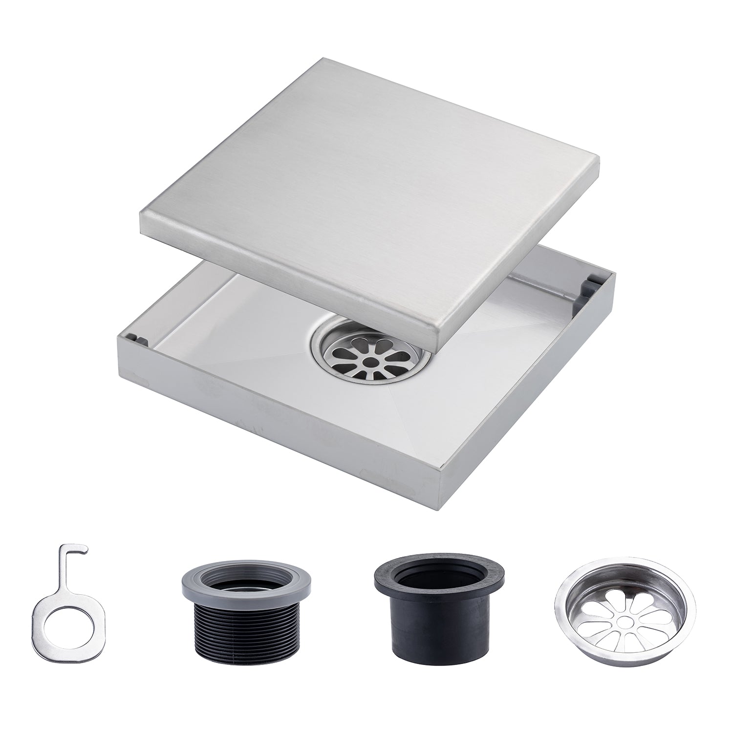 6" Square Grid Shower Drain, Matte Black