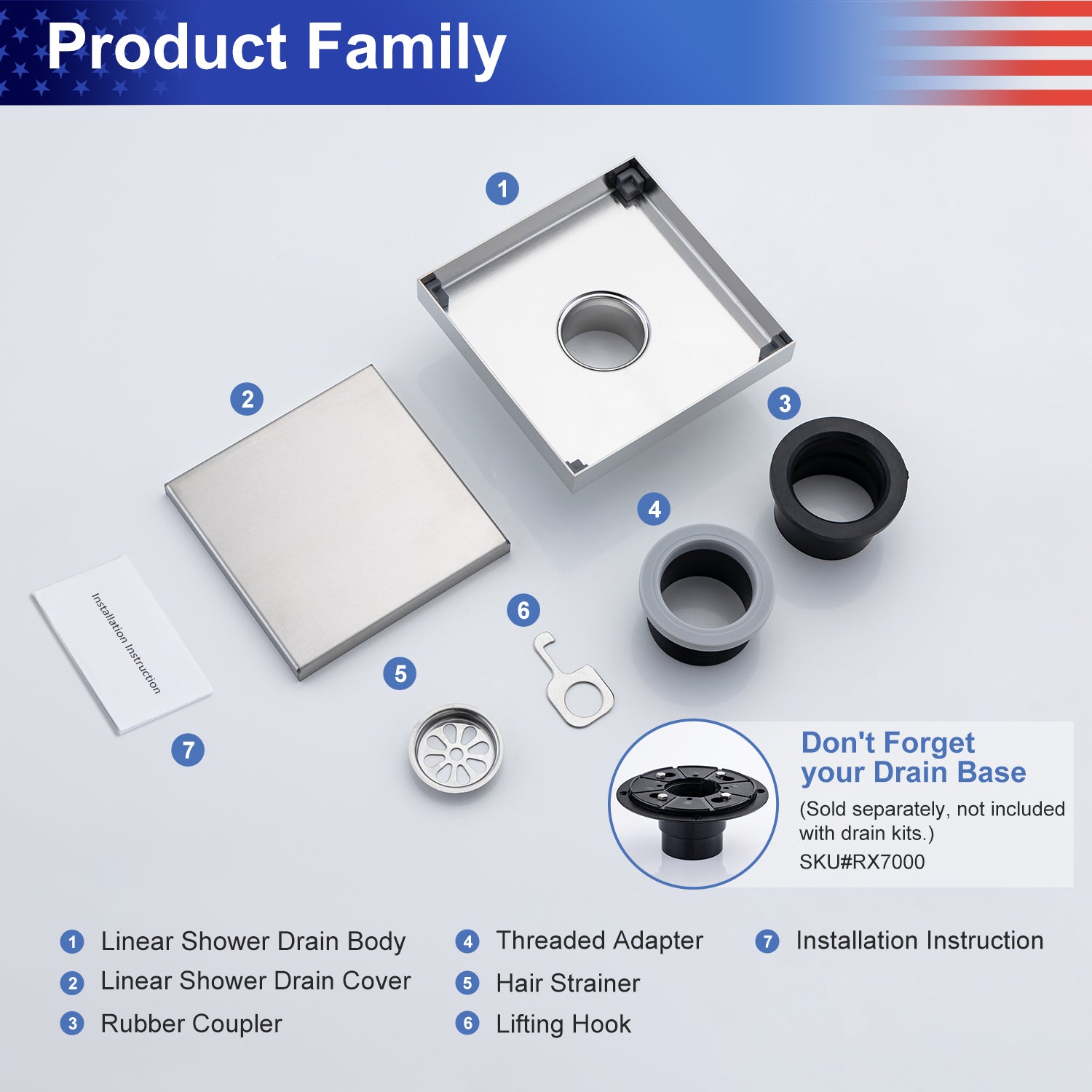 6" Square Grid Shower Drain, Matte Black