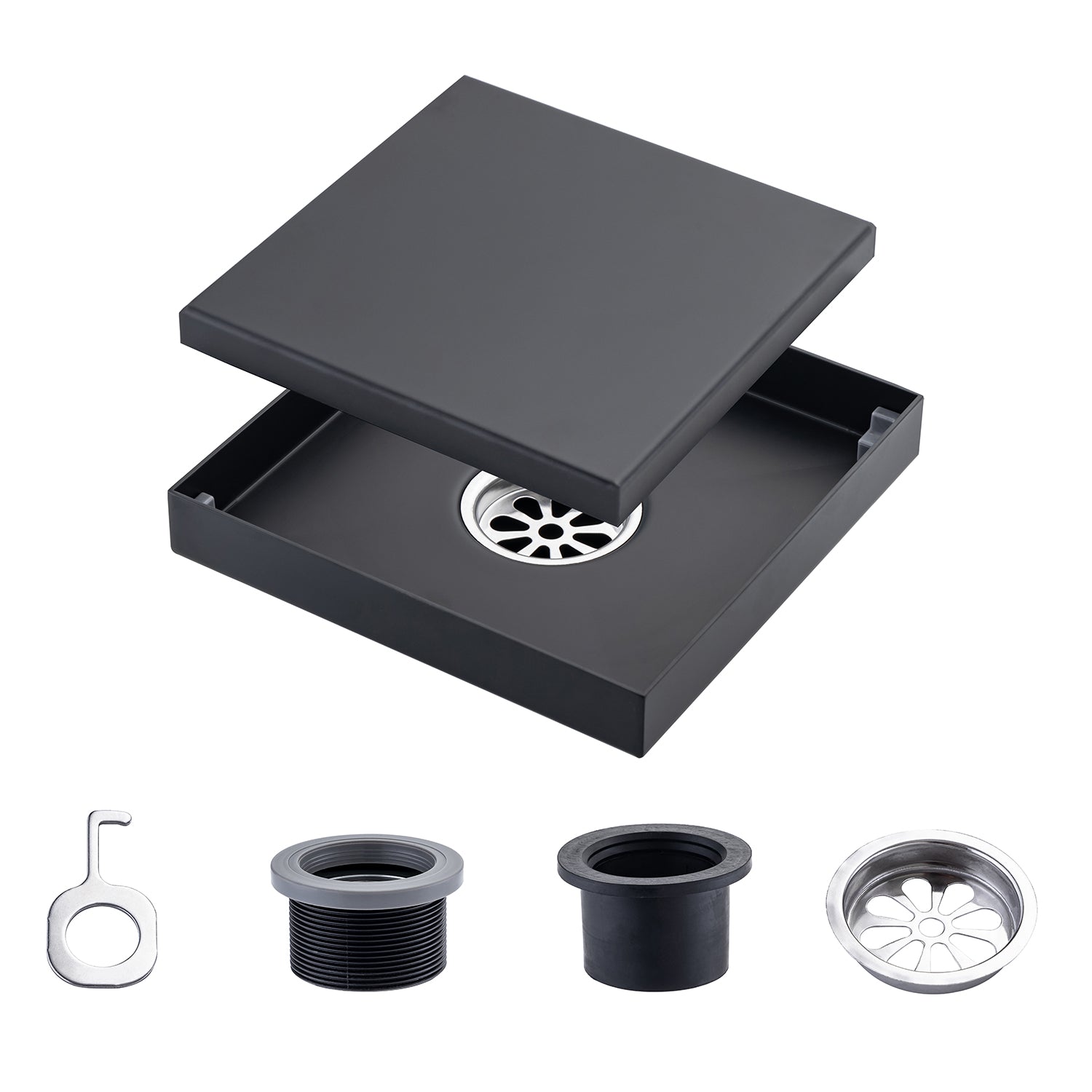 6" Square Grid Shower Drain, Matte Black
