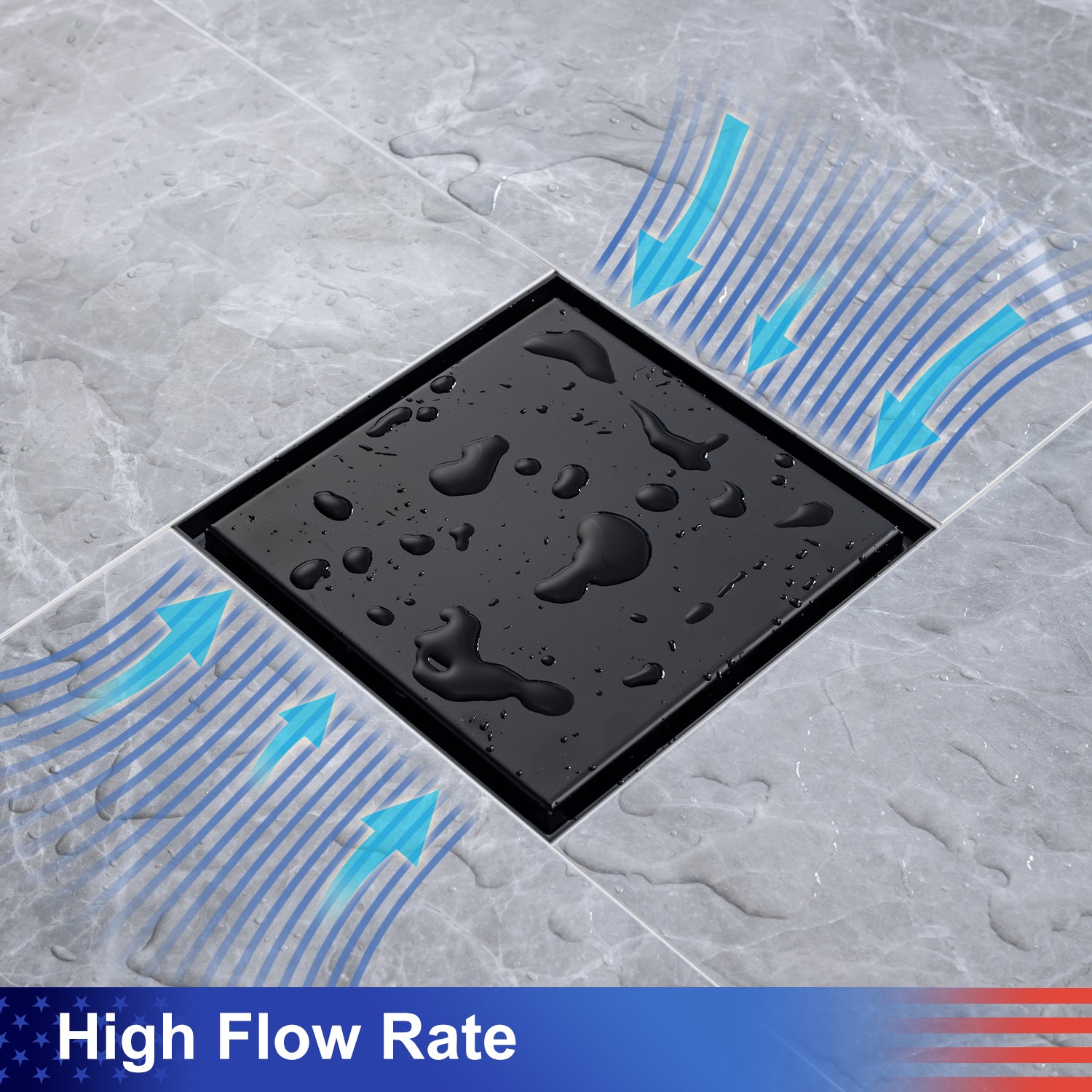 6" Square Grid Shower Drain, Matte Black