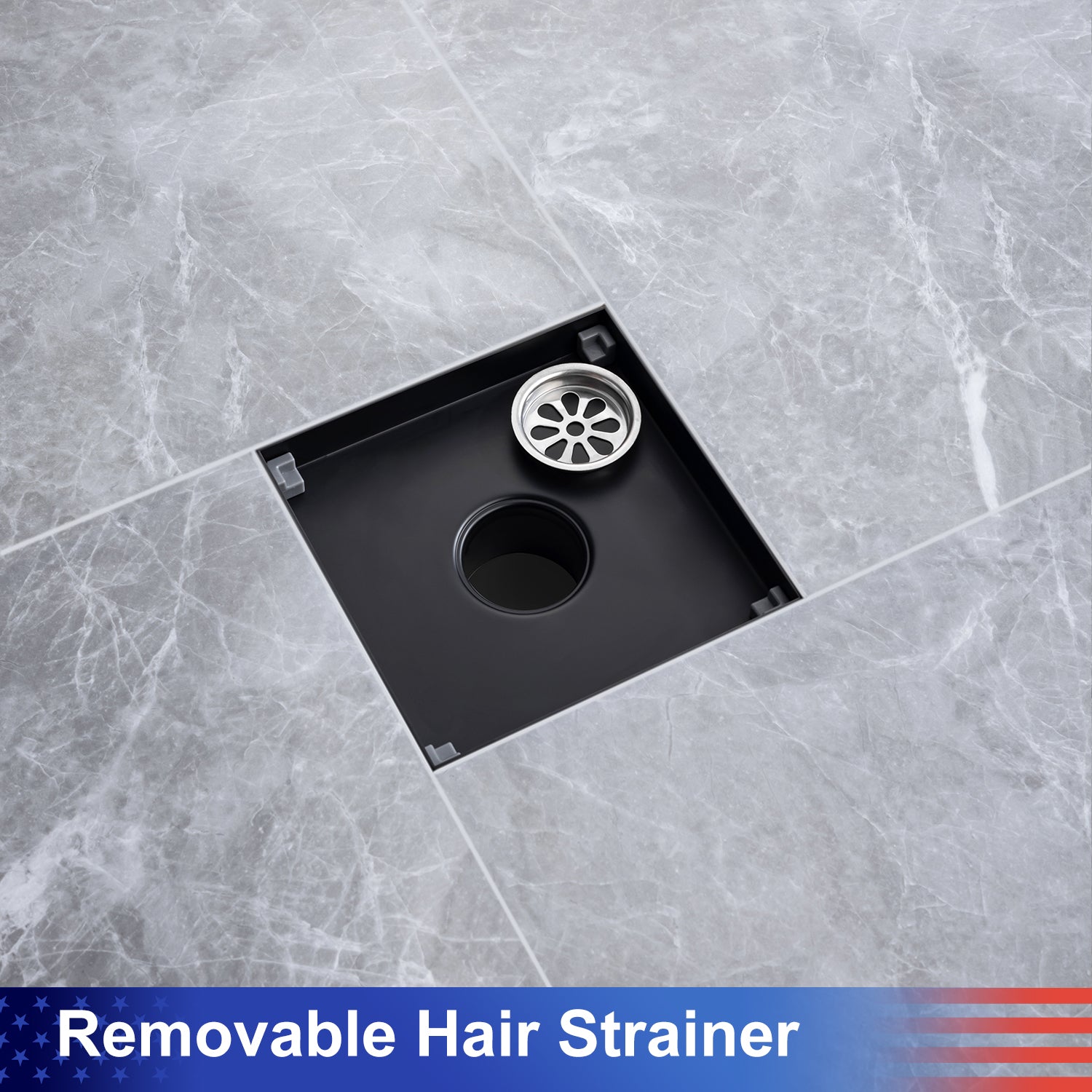 6" Square Grid Shower Drain, Matte Black
